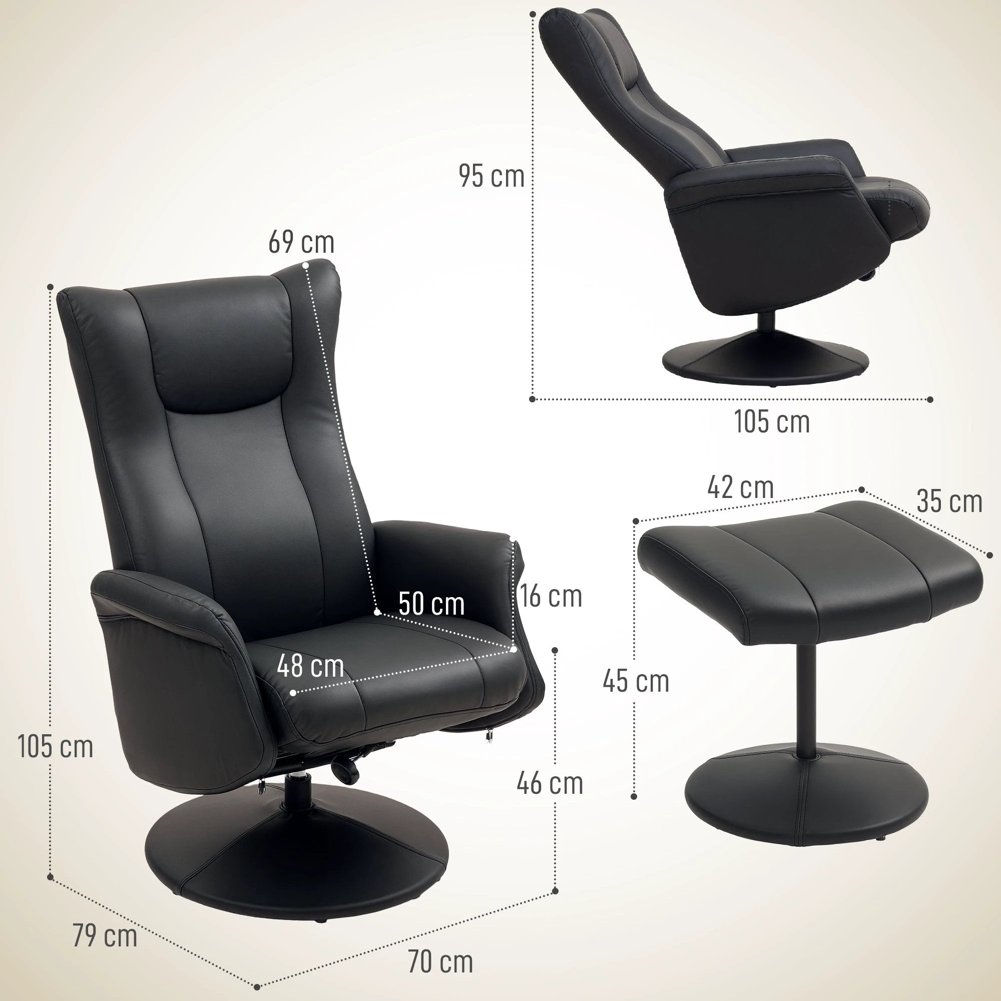 HOMCOM Comfort Plus Reclining Armchair Stool 360 Swivel Living Room - Recliner