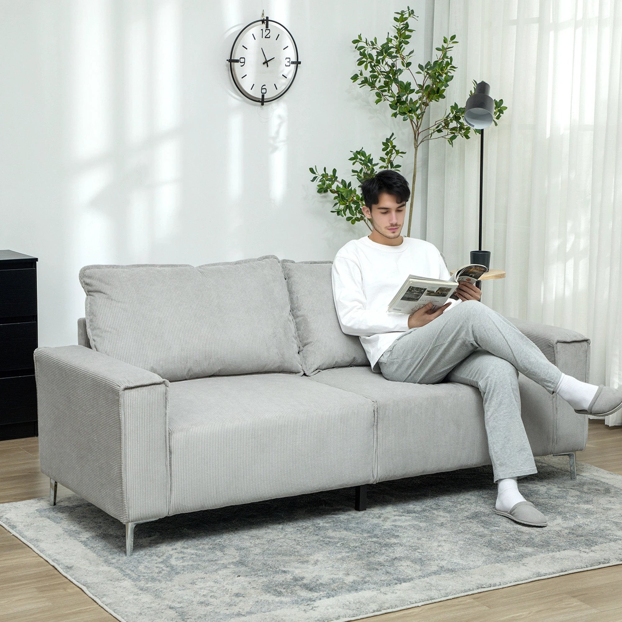 HOMCOM Cosy Corduroy Sofa Three Seater Grey Upholstered Living - Sofa
