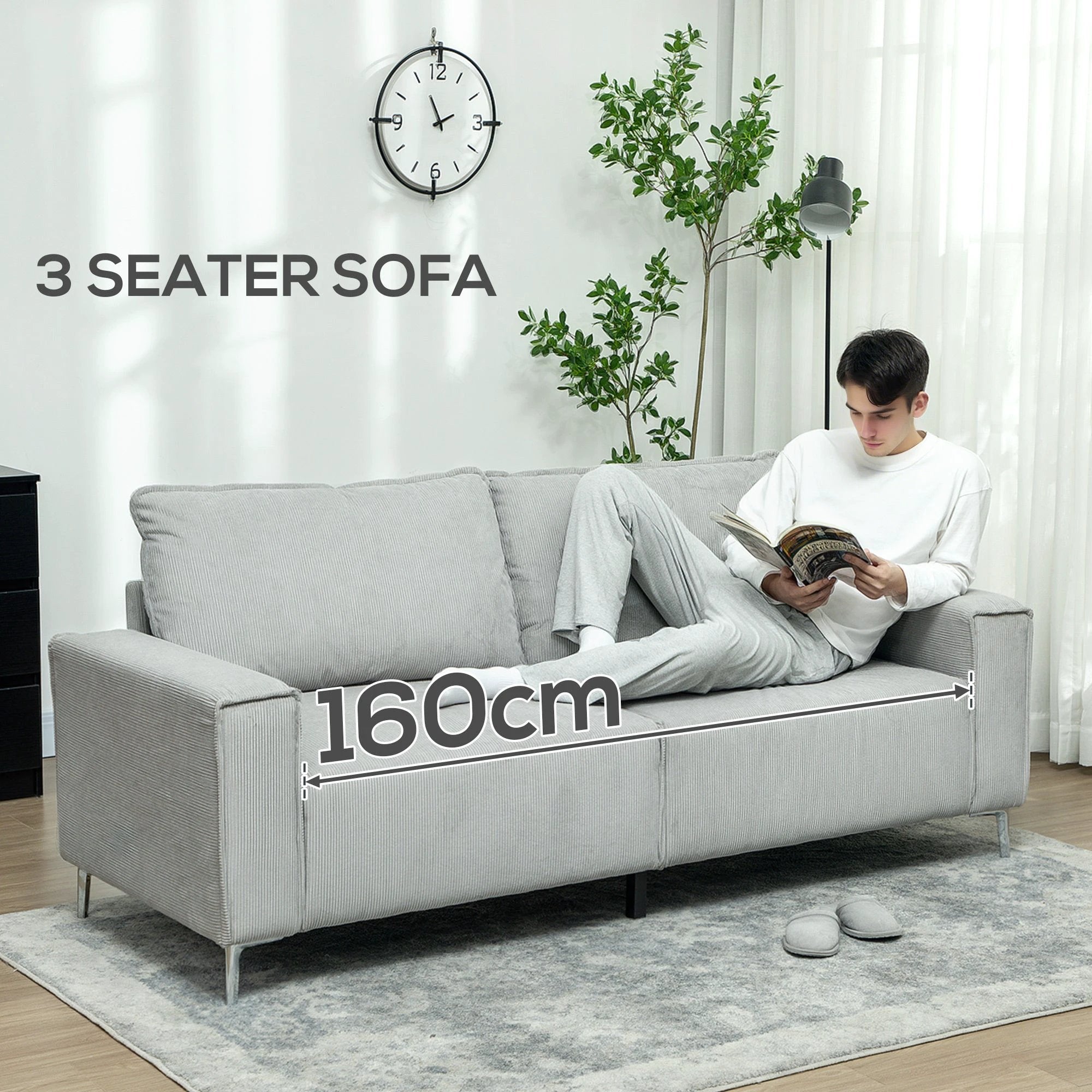 HOMCOM Cosy Corduroy Sofa Three Seater Grey Upholstered Living - Sofa