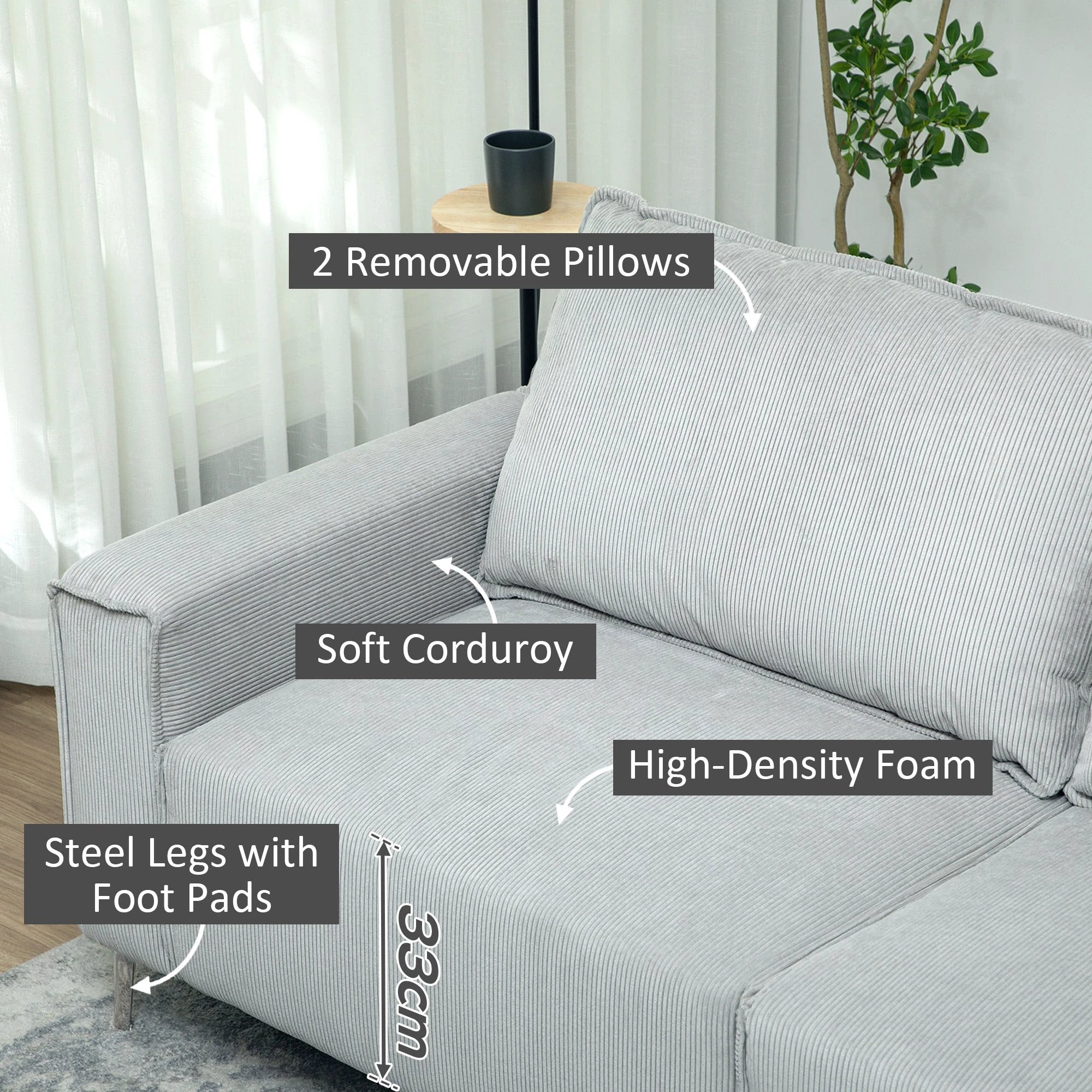 HOMCOM Cosy Corduroy Sofa Three Seater Grey Upholstered Living - Sofa