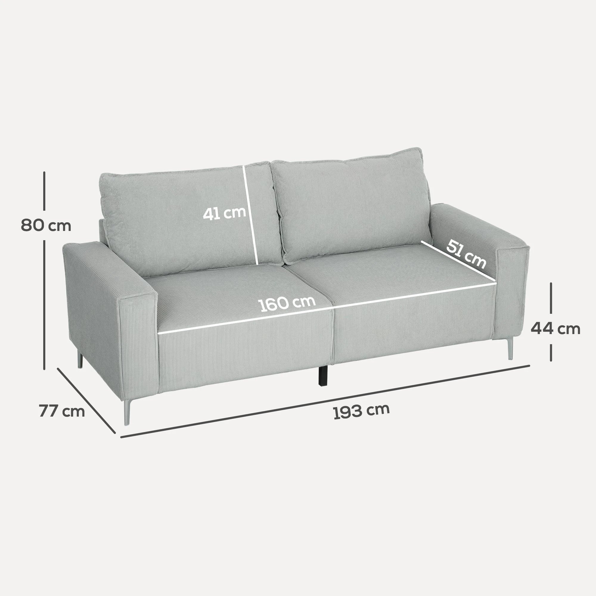 HOMCOM Cosy Corduroy Sofa Three Seater Grey Upholstered Living - Sofa