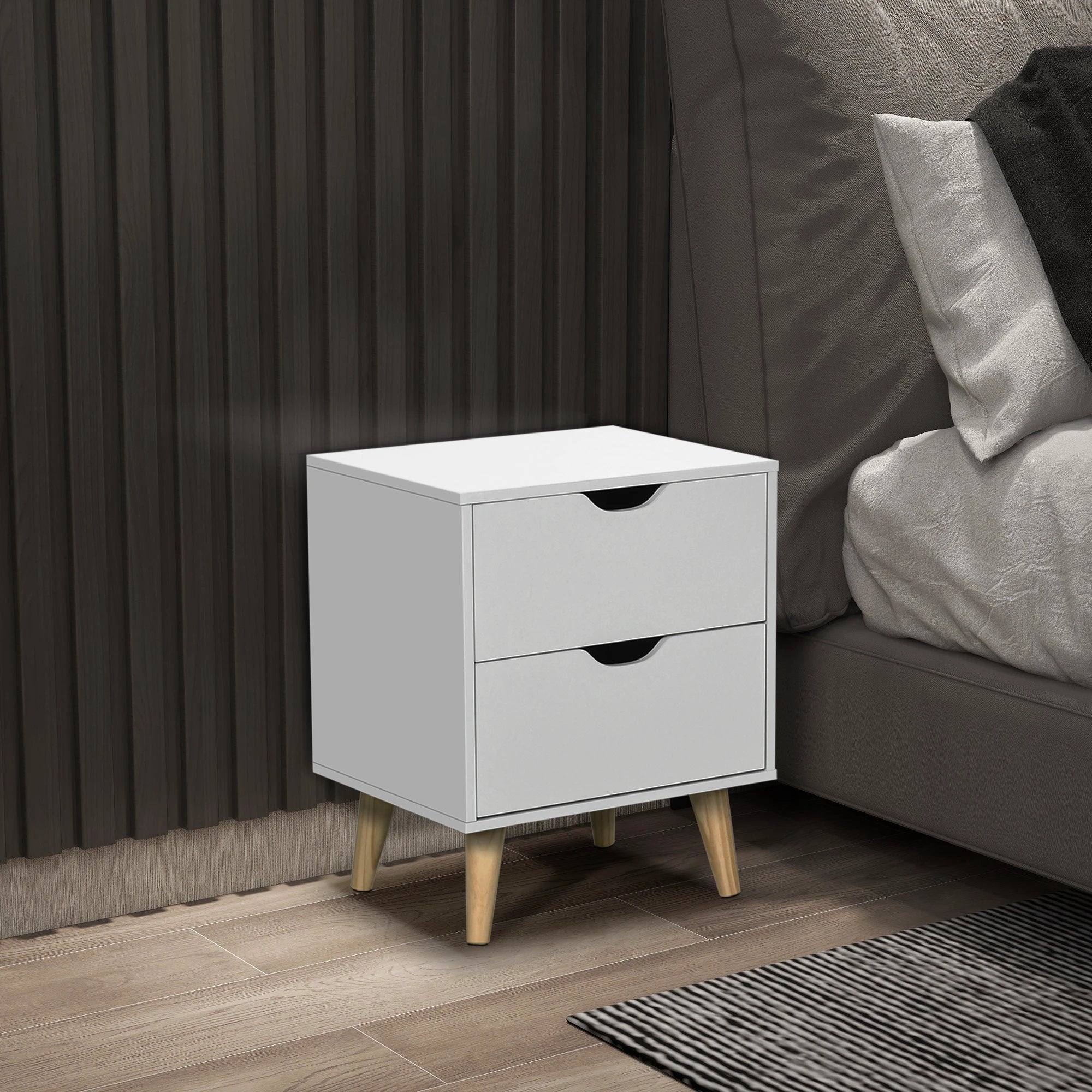 HOMCOM Elegant Nightstand Compact Two Drawers Pine Legs - Bedside Table