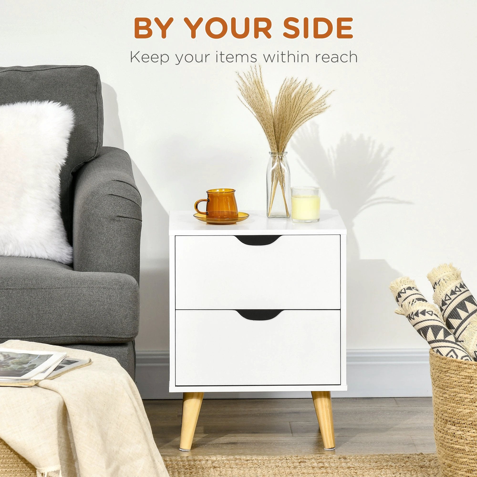 HOMCOM Elegant Nightstand Compact Two Drawers Pine Legs - Bedside Table