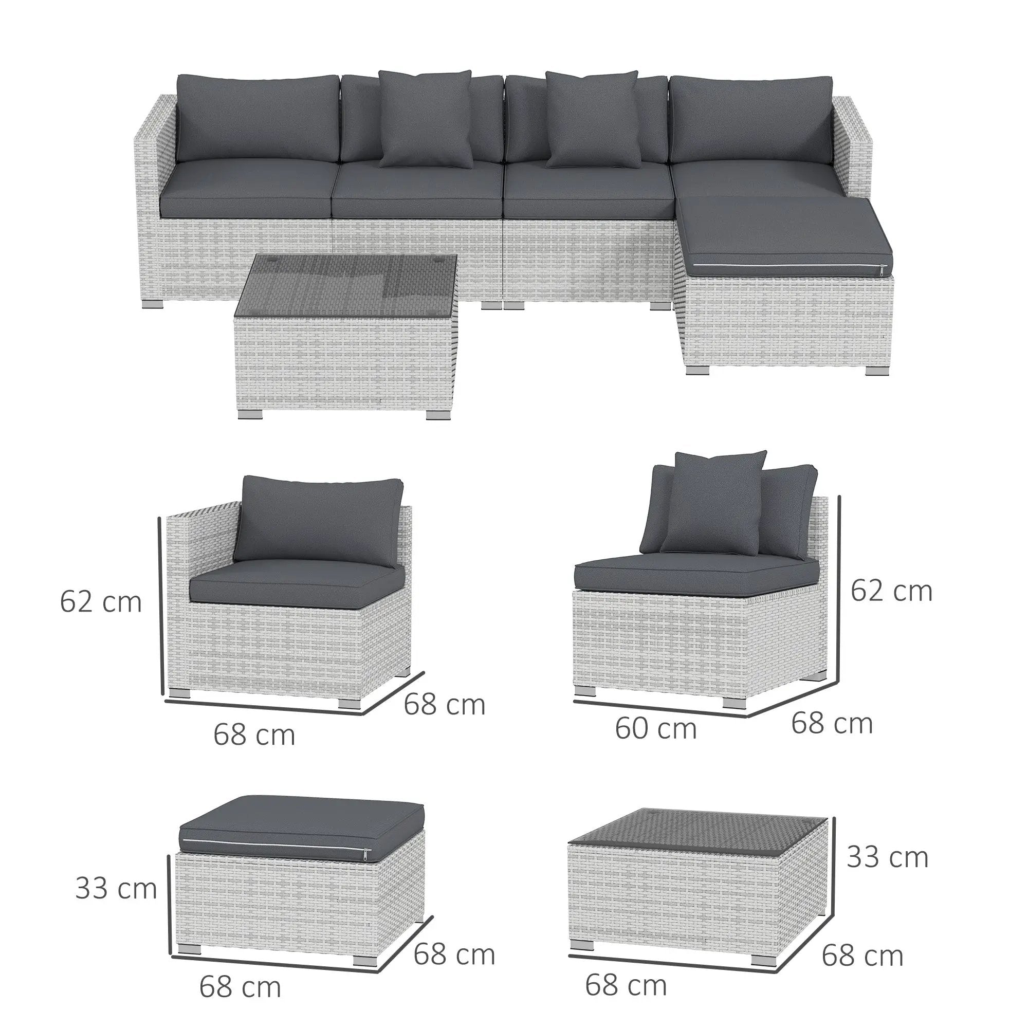 Outsunny Outsunny 6 Pieces Rattan Furniture Set Garden Sofa Set Mixed Grey - Garden Sofa Sets
