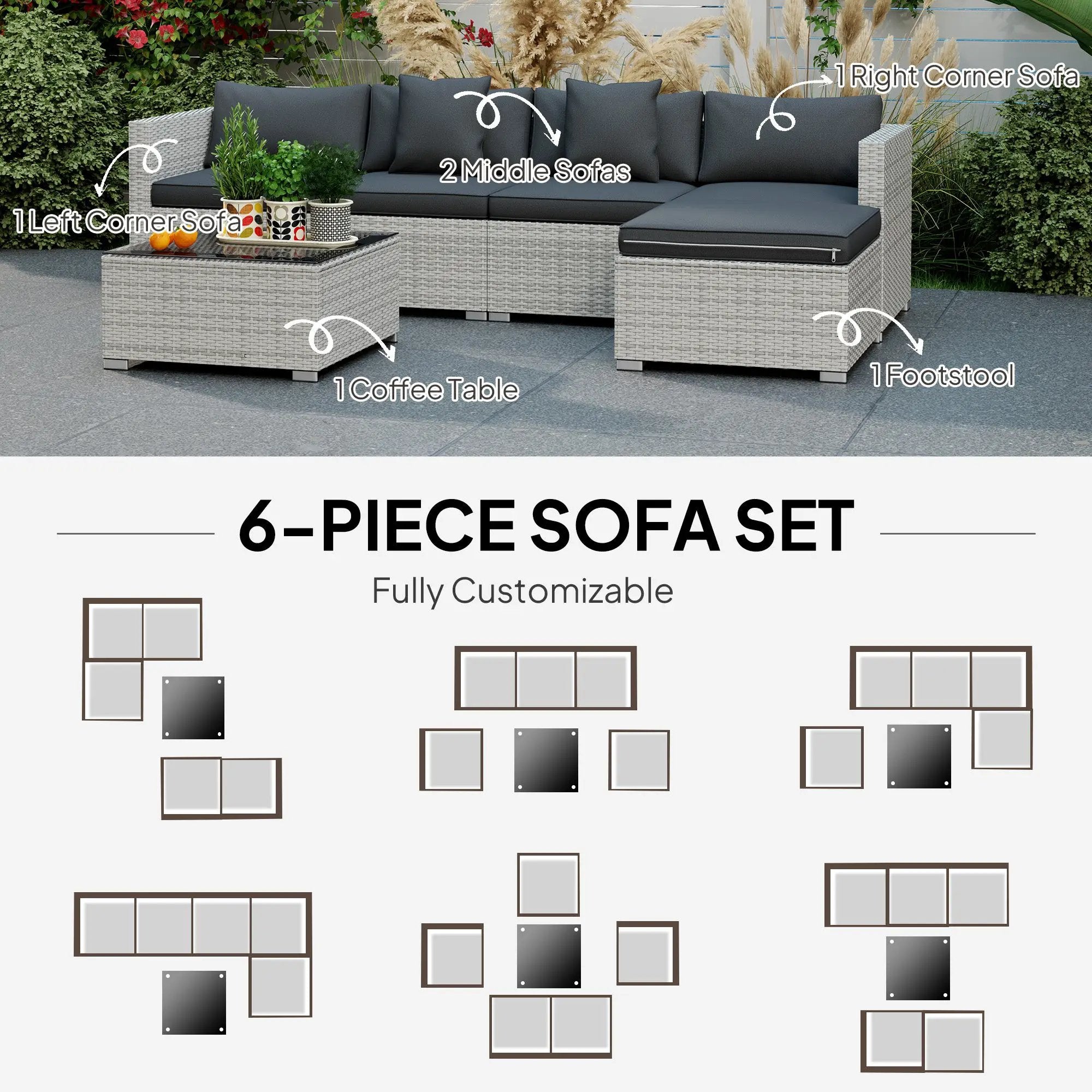 Outsunny Outsunny 6 Pieces Rattan Furniture Set Garden Sofa Set Mixed Grey - Garden Sofa Sets