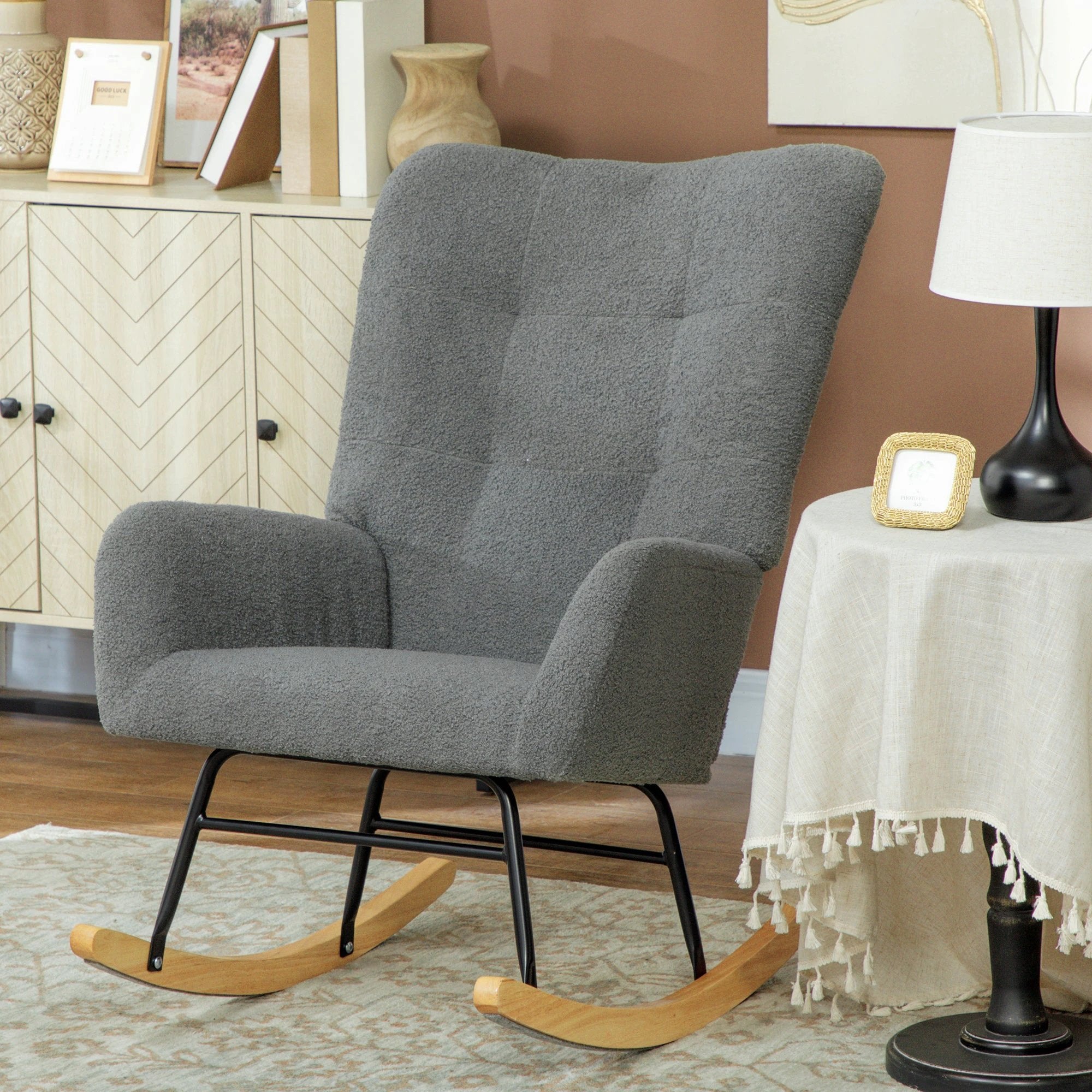 HOMCOM Rocking Chair Teddy Fleece Grey For Modern Bedroom - Armchair