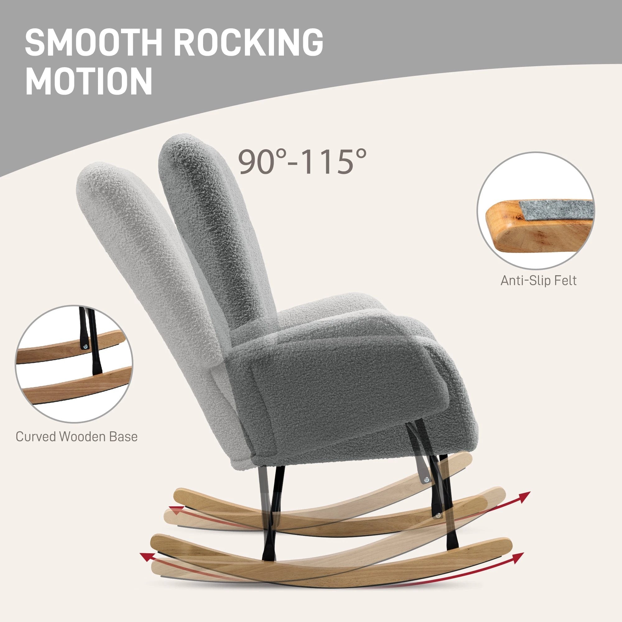 HOMCOM Rocking Chair Teddy Fleece Grey For Modern Bedroom - Armchair