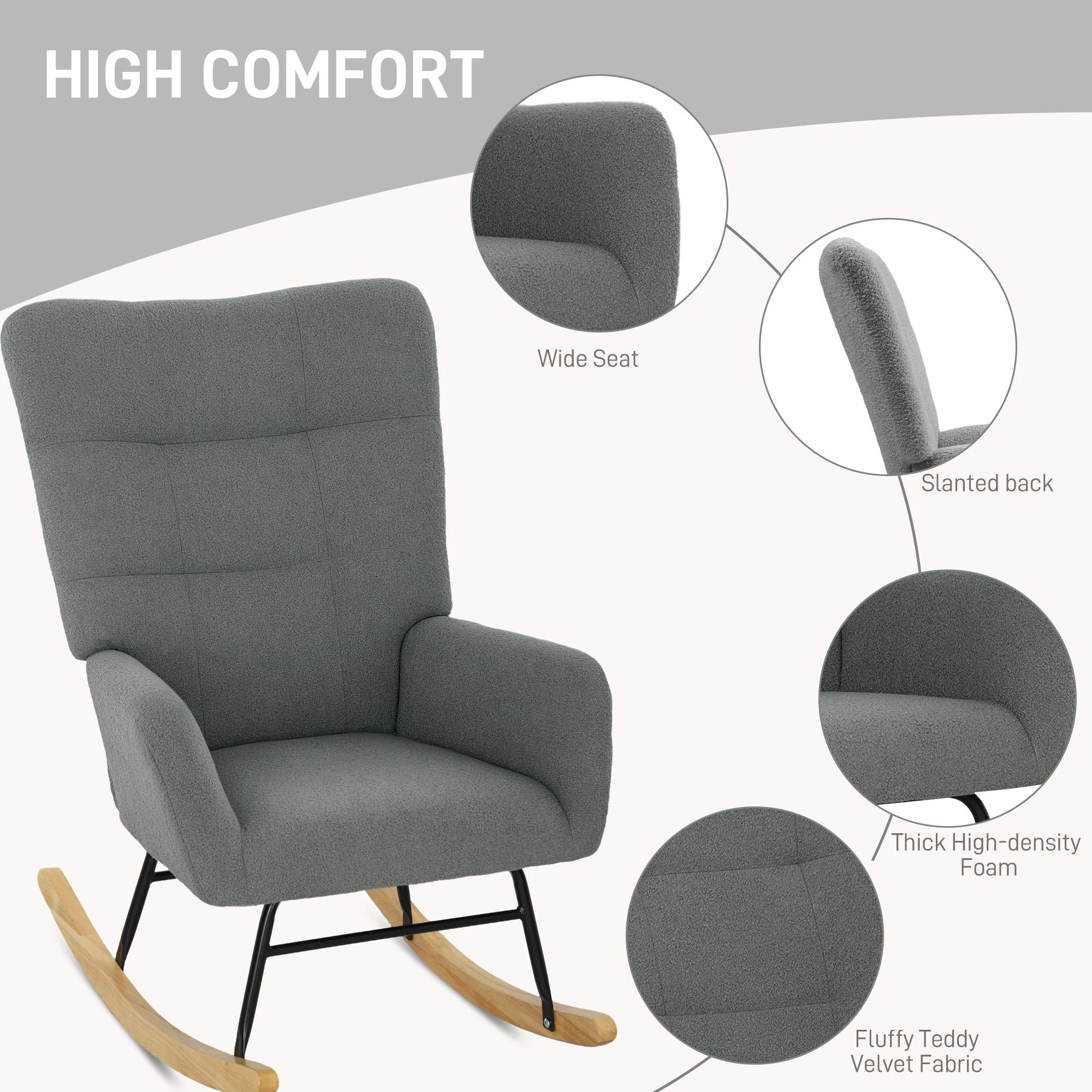 HOMCOM Rocking Chair Teddy Fleece Grey For Modern Bedroom - Armchair