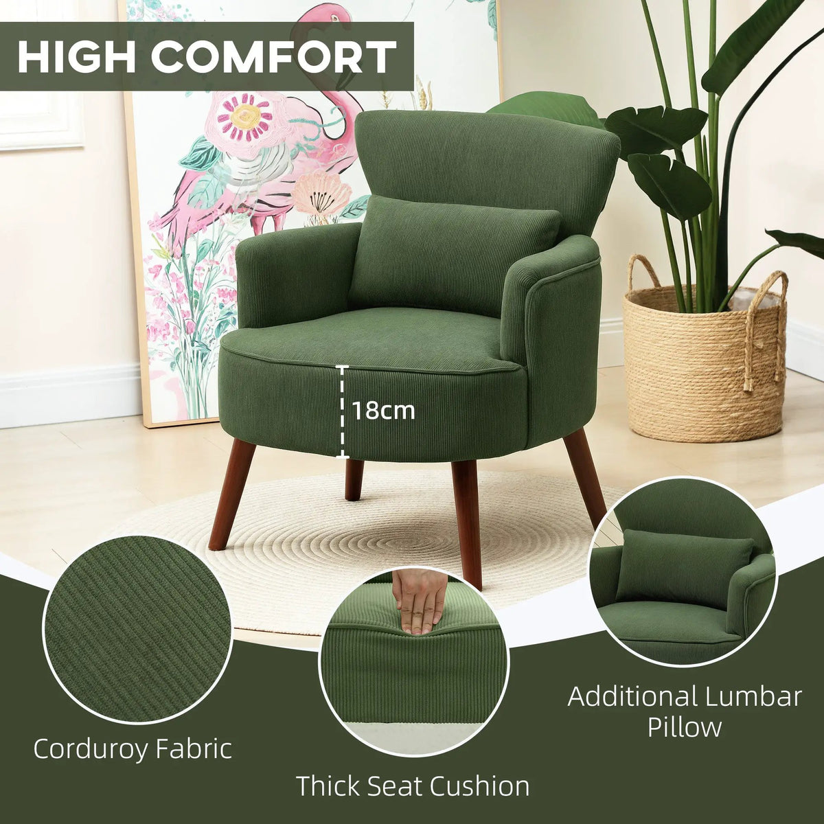 HOMCOM Armchair with Padded Seat and Backrest for Living Room, Green - from HOMCOM