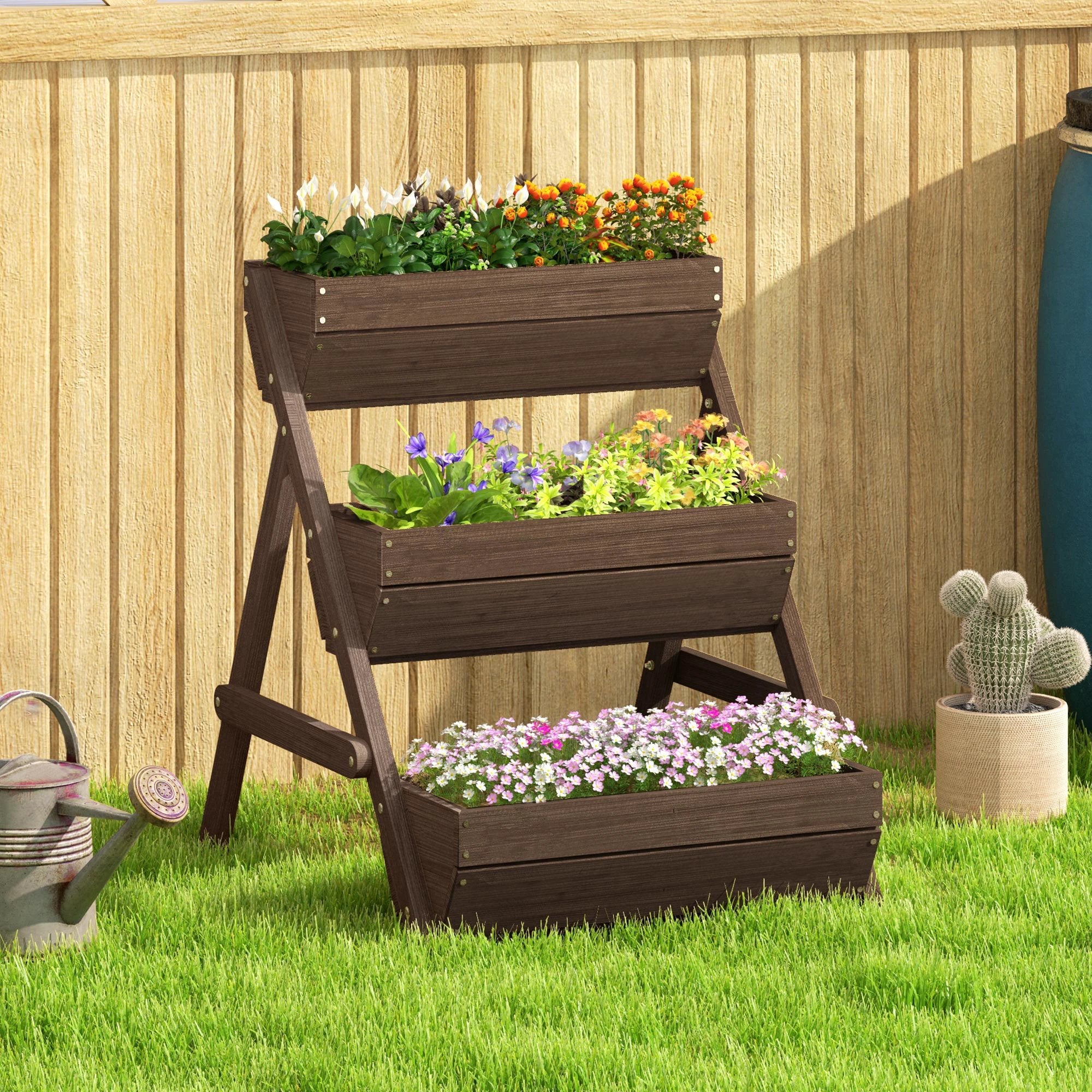 Premium 3 Tier Raised Garden Bed Wood Planter Kit Tan Patio by Outsunny