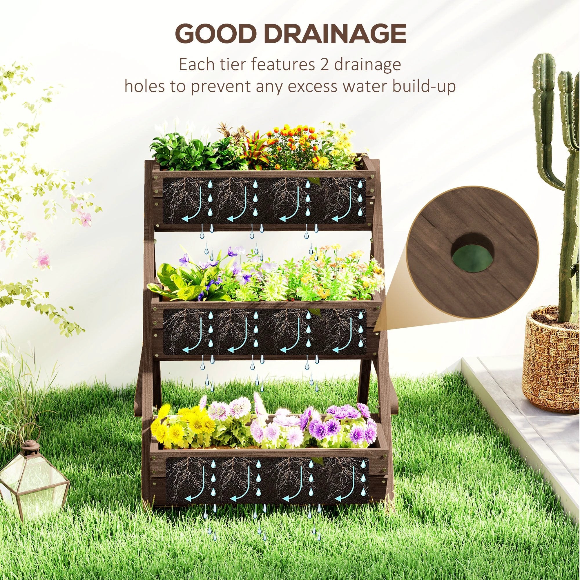 Premium 3 Tier Raised Garden Bed Wood Planter Kit Tan Patio by Outsunny