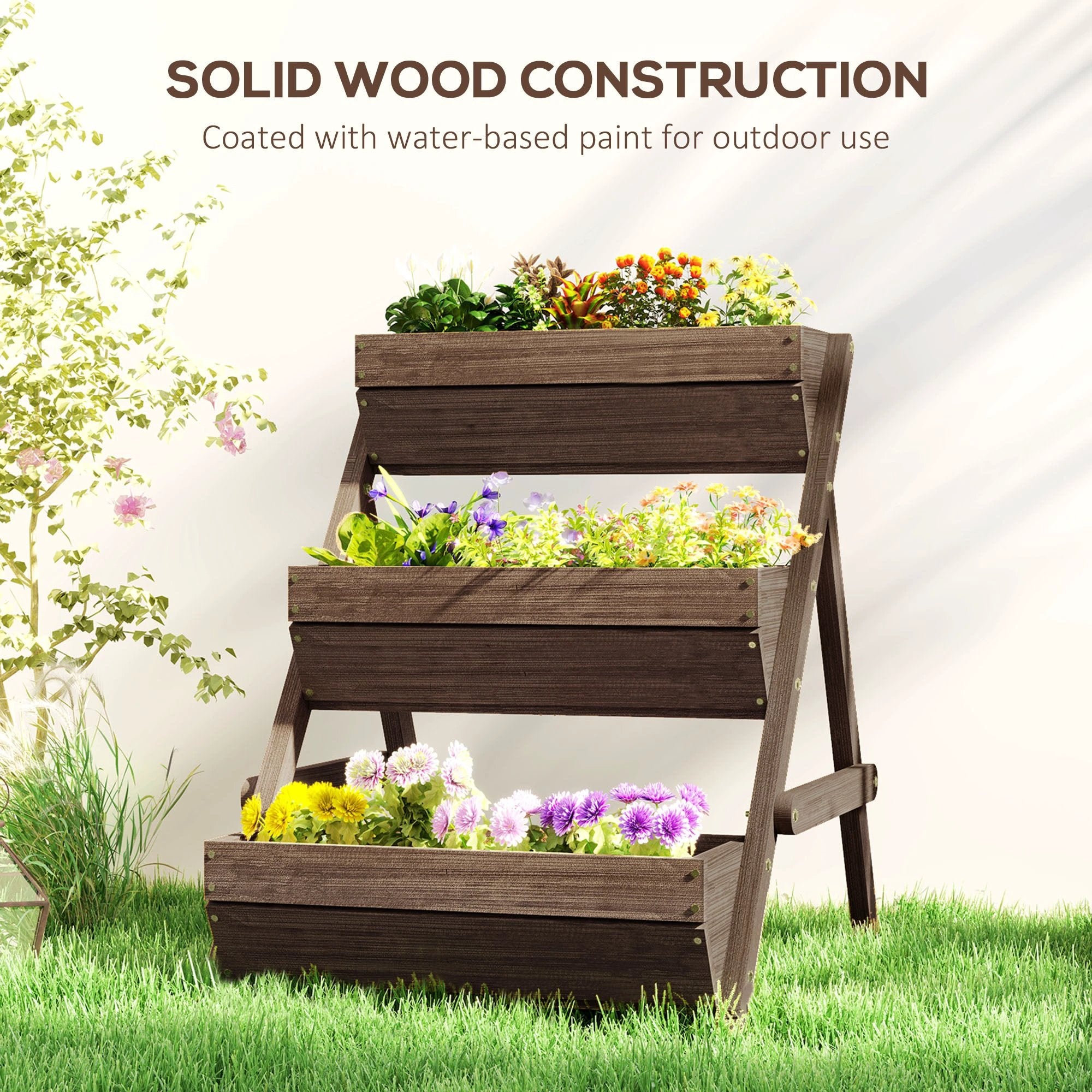 Premium 3 Tier Raised Garden Bed Wood Planter Kit Tan Patio by Outsunny