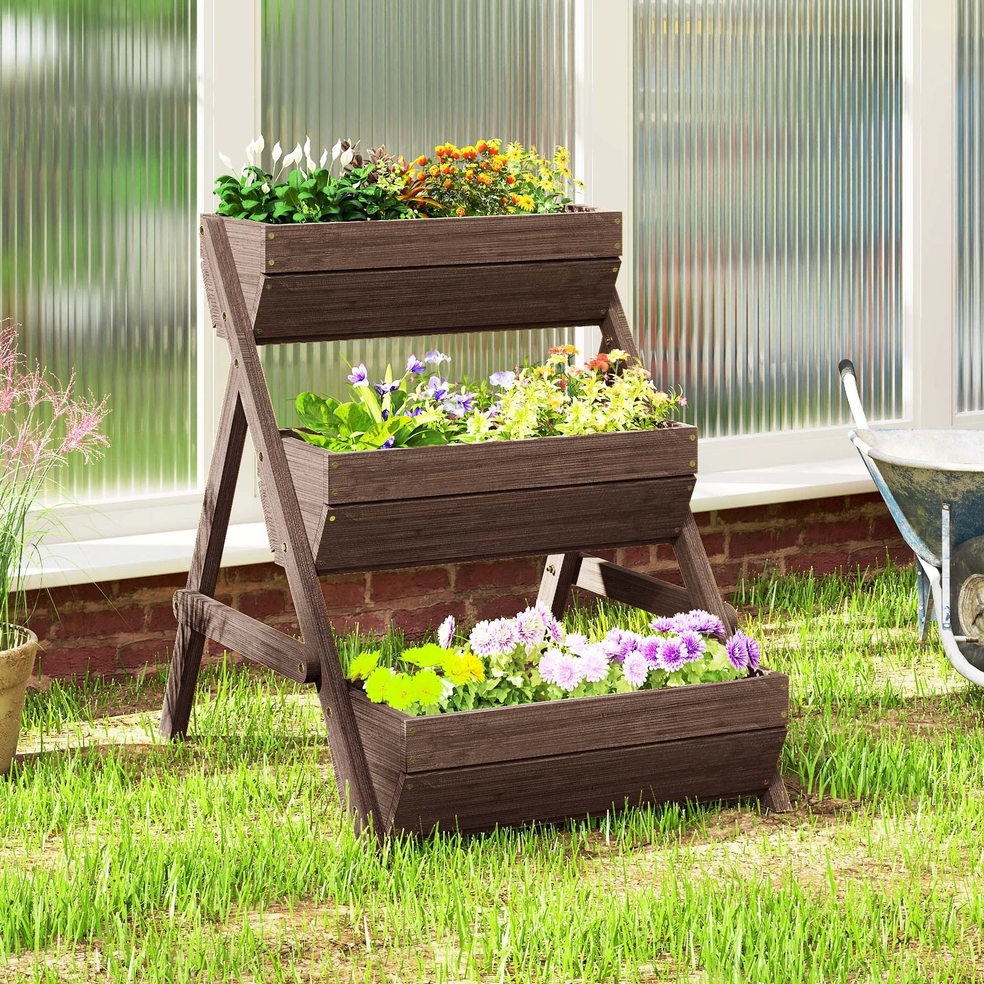 Premium 3 Tier Raised Garden Bed Wood Planter Kit Tan Patio by Outsunny
