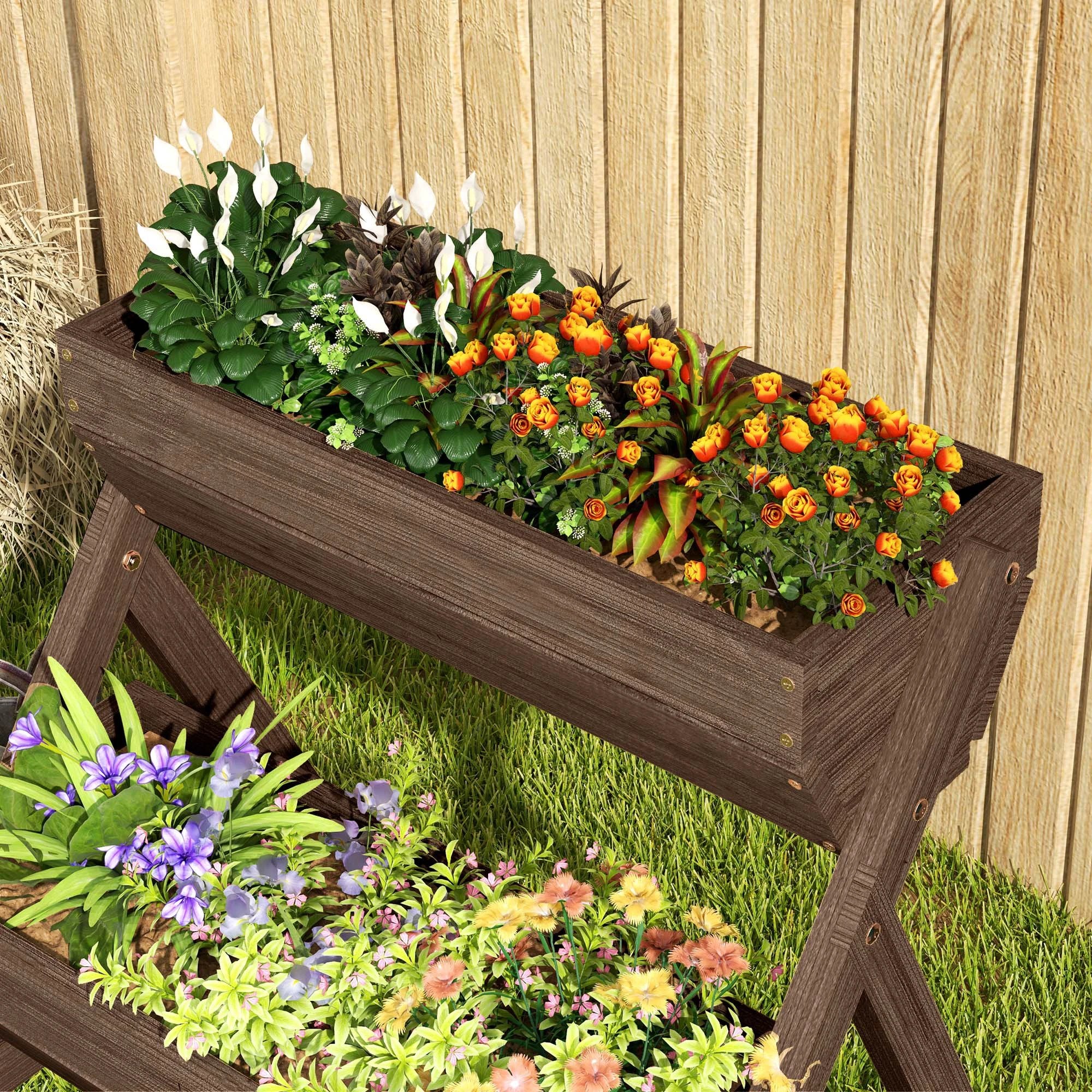 Premium 3 Tier Raised Garden Bed Wood Planter Kit Tan Patio by Outsunny