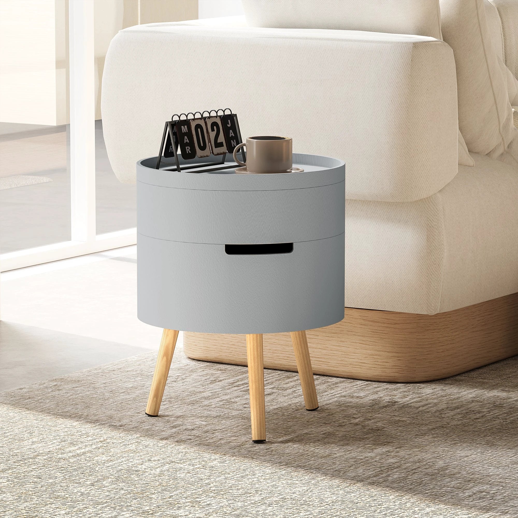 HOMCOM Grey Round Side Table With Detachable Tray And Hidden Storage For Nightstand Or Coffee Table by HOMCOM