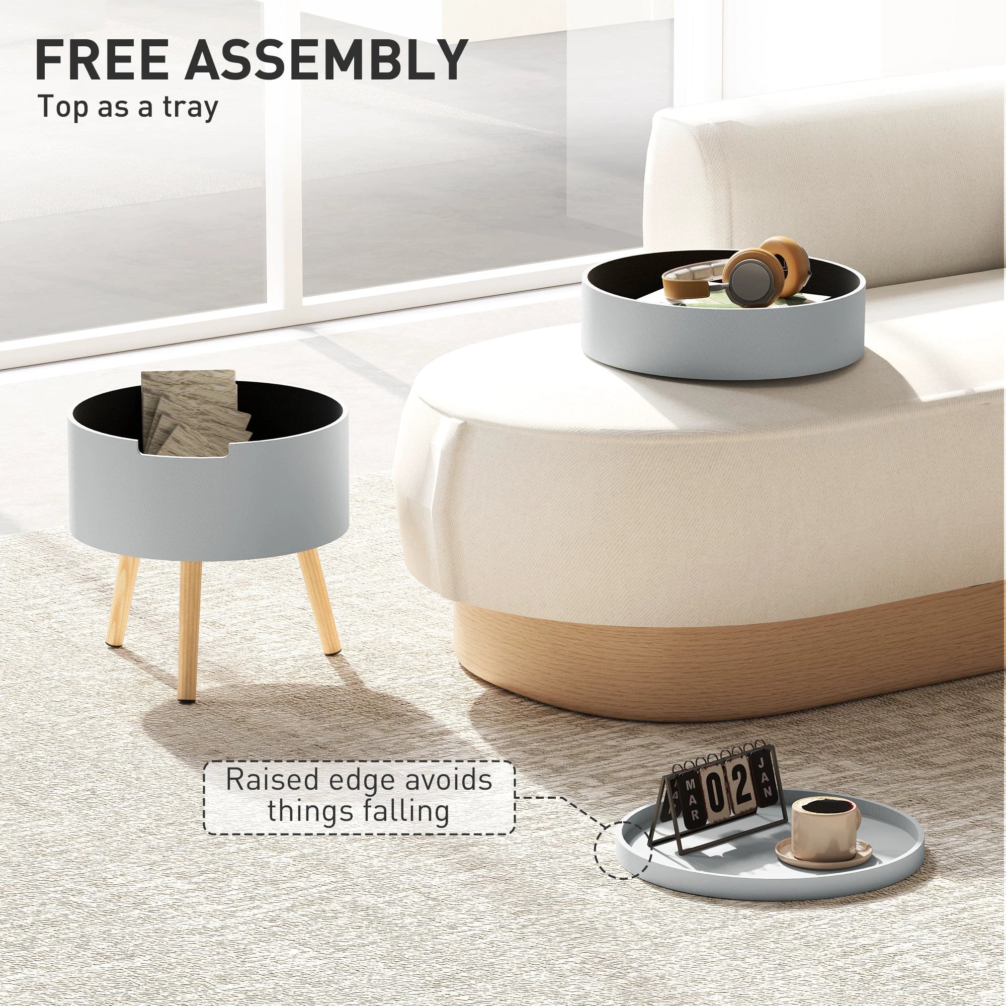 HOMCOM Grey Round Side Table With Detachable Tray And Hidden Storage For Nightstand Or Coffee Table by HOMCOM