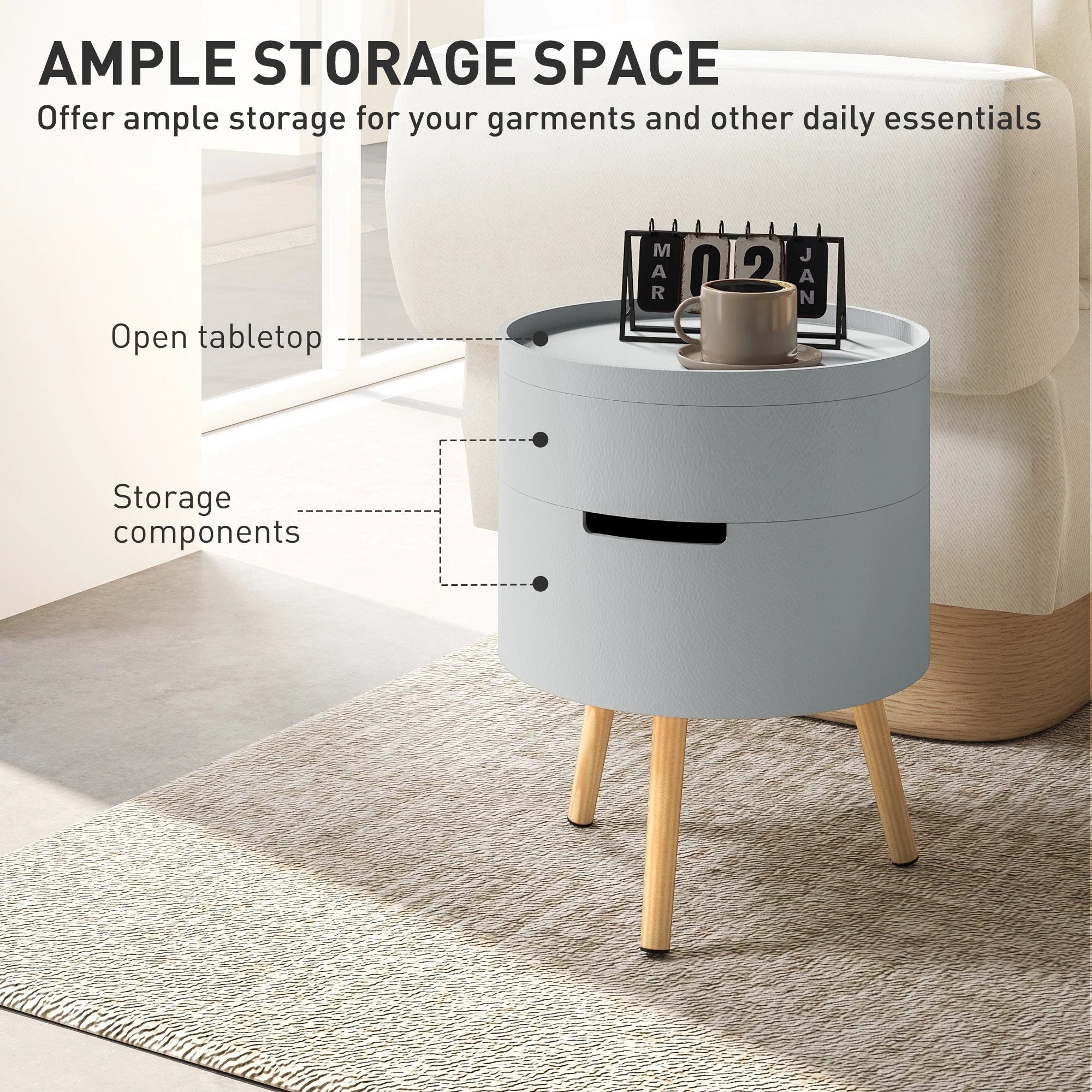 HOMCOM Grey Round Side Table With Detachable Tray And Hidden Storage For Nightstand Or Coffee Table by HOMCOM
