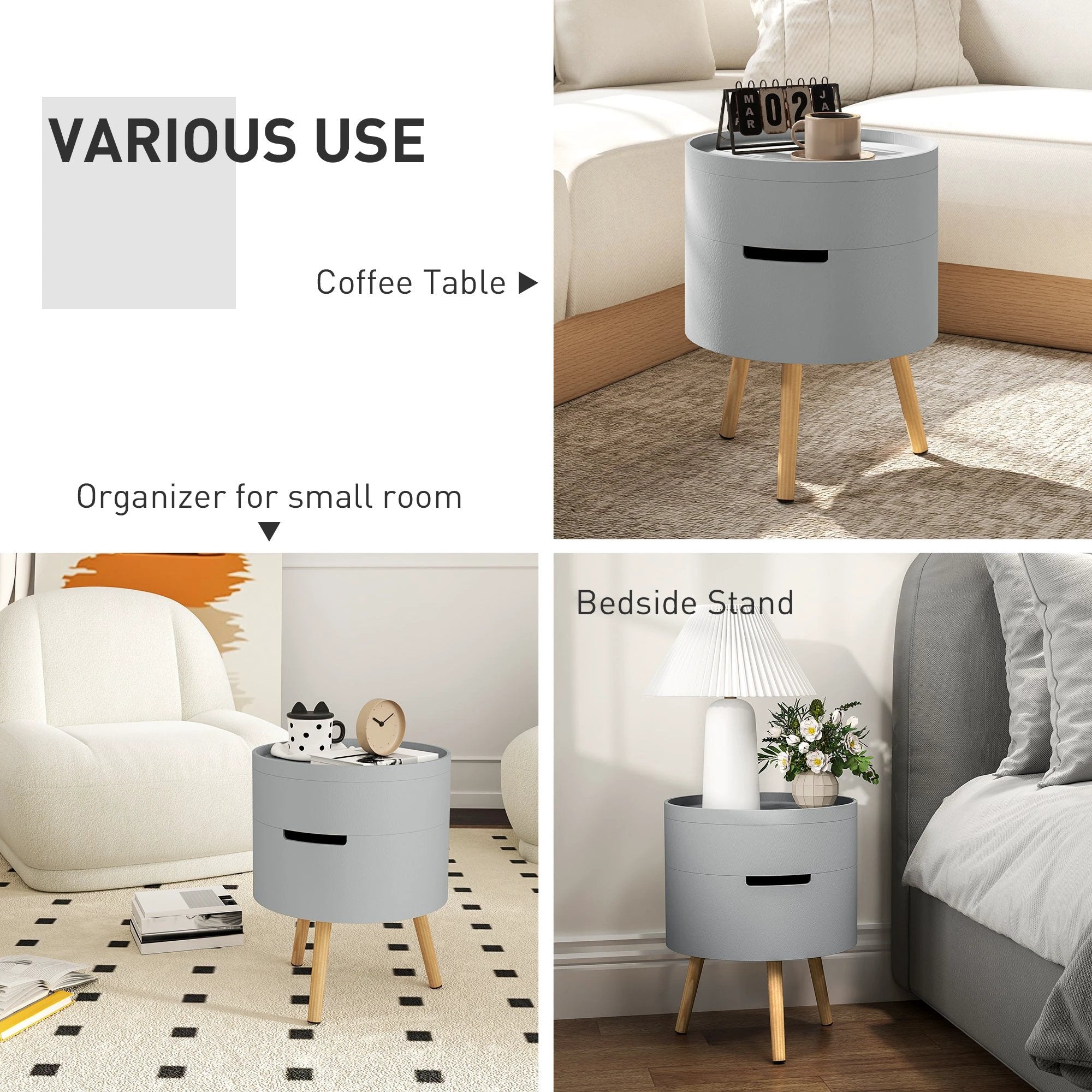 HOMCOM Grey Round Side Table With Detachable Tray And Hidden Storage For Nightstand Or Coffee Table - Coffee Table