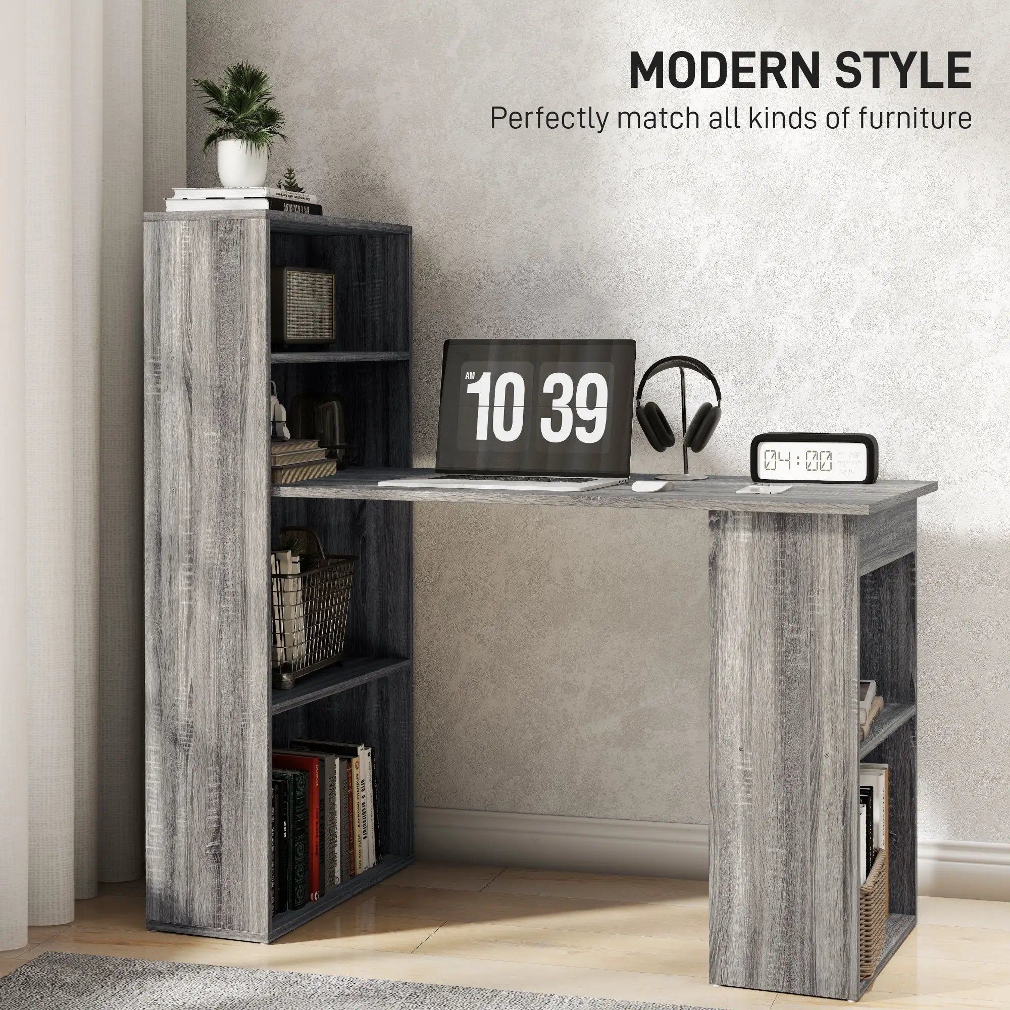 HOMCOM HOMCOM 120cm Computer Desk Bookshelf Writing Table Workstation 6 Shelves Grey - Desk