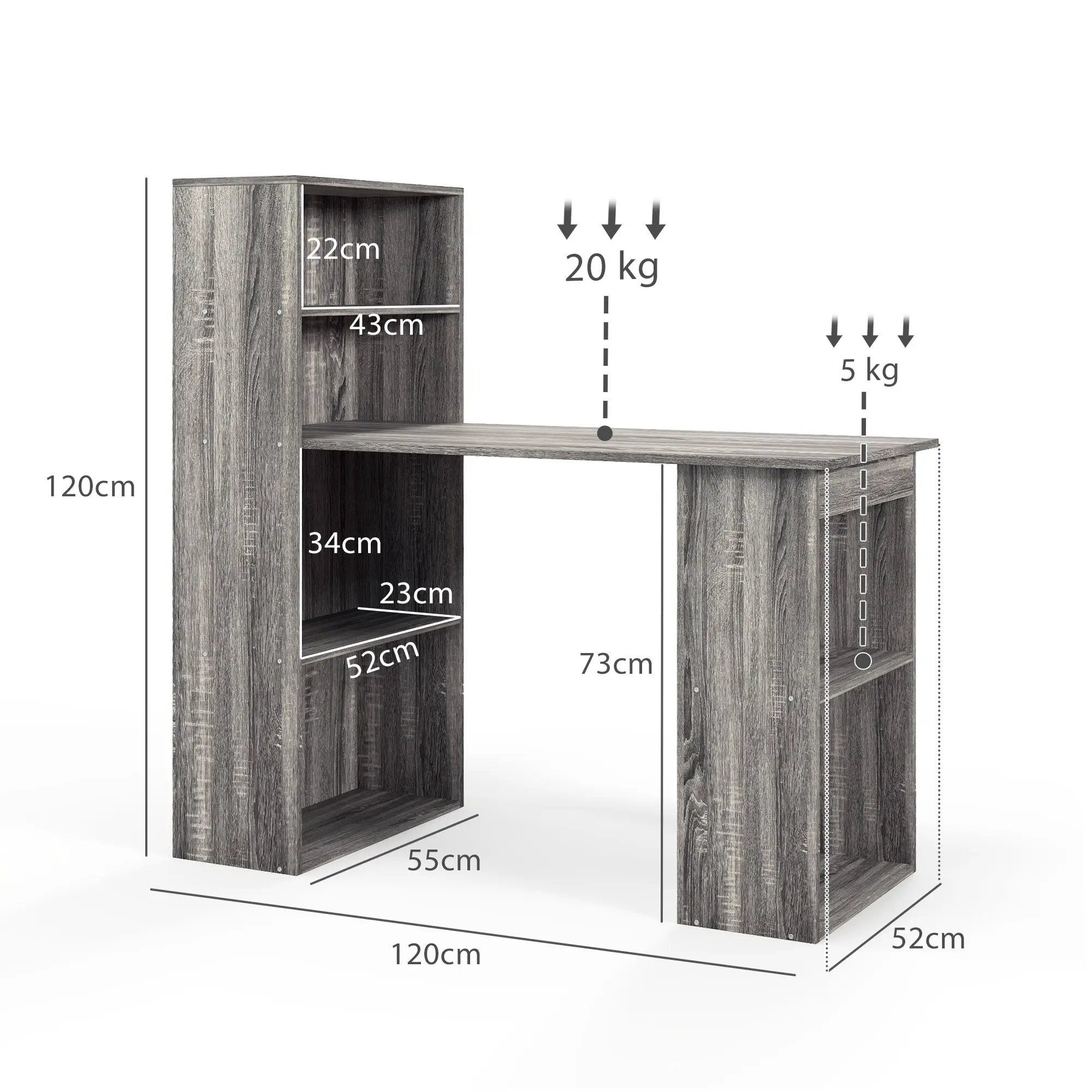 HOMCOM HOMCOM 120cm Computer Desk Bookshelf Writing Table Workstation 6 Shelves Grey - Desk