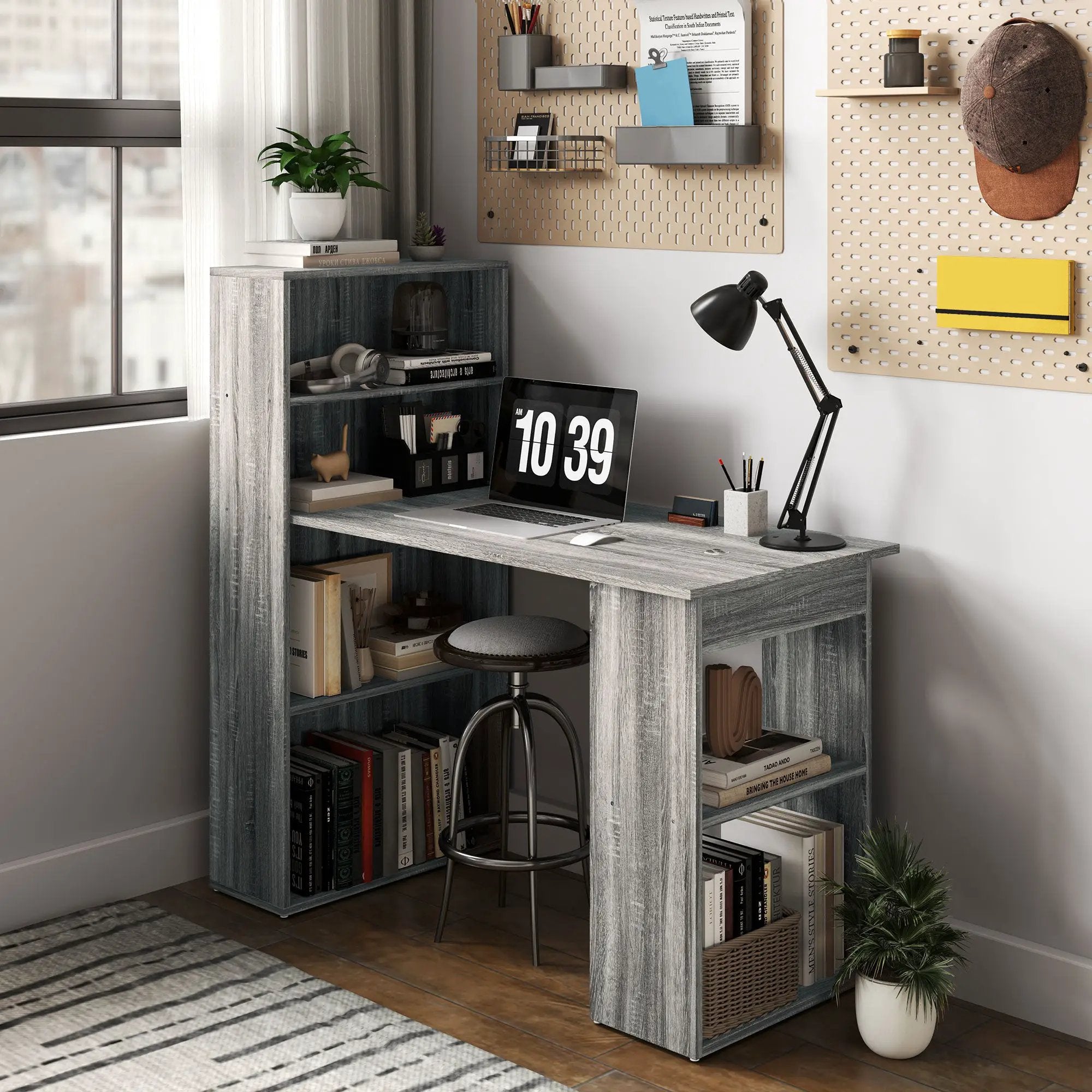 HOMCOM HOMCOM 120cm Computer Desk Bookshelf Writing Table Workstation 6 Shelves Grey - Desk