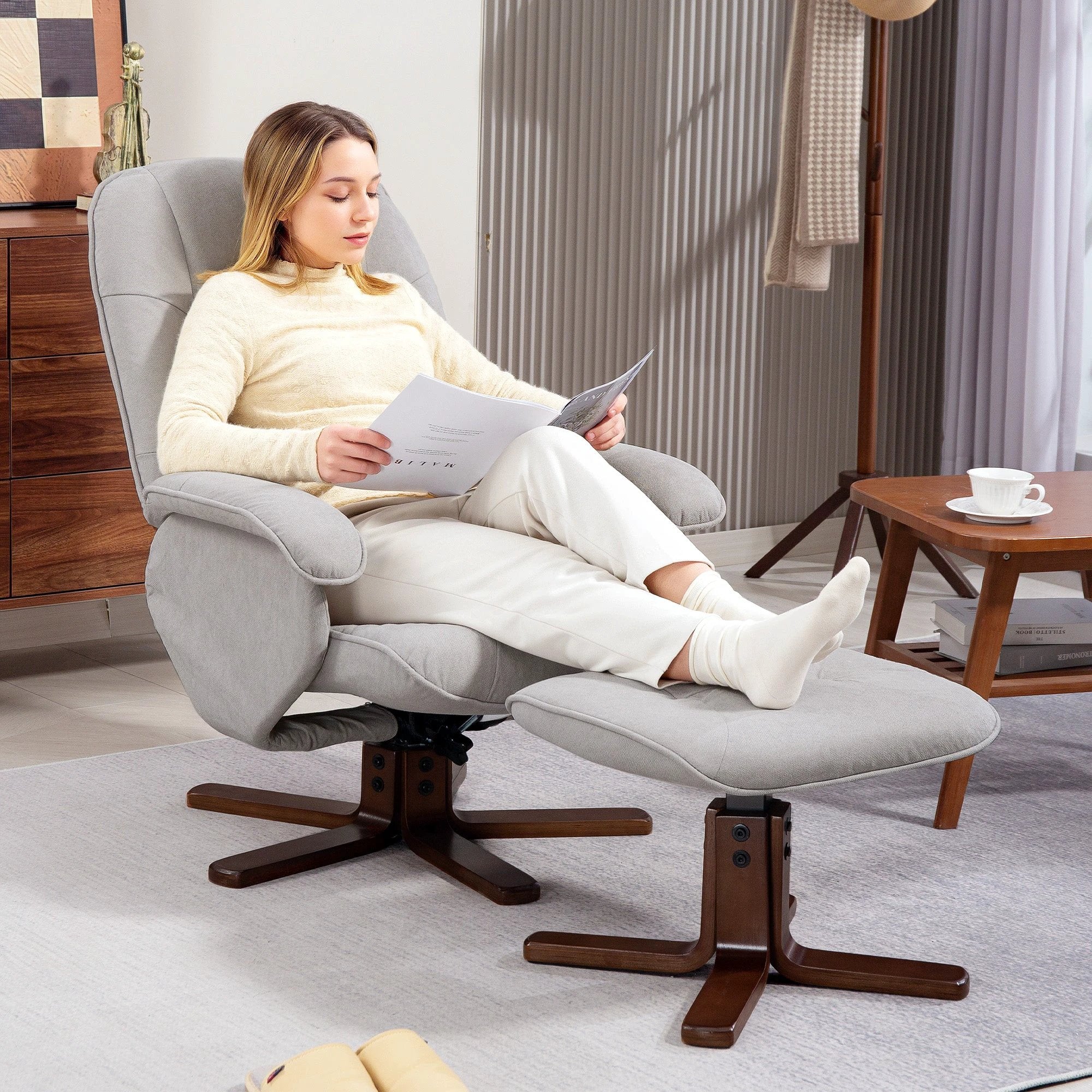 HOMCOM HOMCOM Swivel Recliner Chair With Footstool Wooden Base Home - Recliner