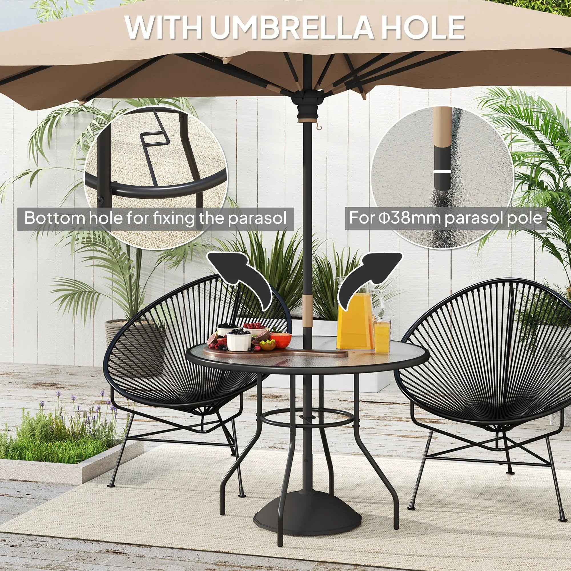 Outsunny Outsunny Outdoor Round Dining Table Tempered Glass Top w/ Parasol Hole 100cm - Garden Table