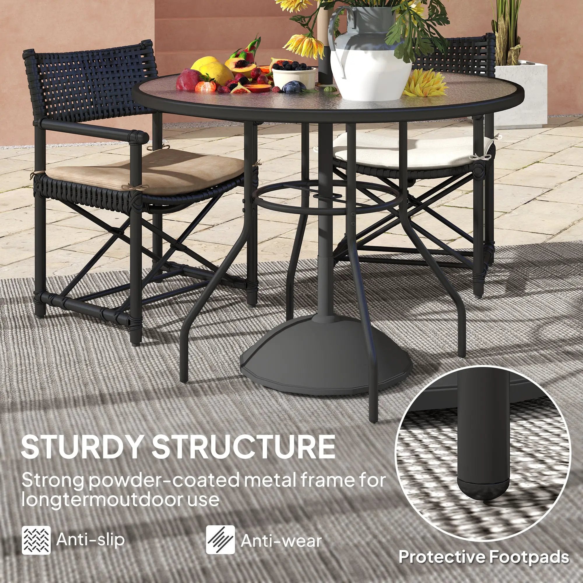 Outsunny Outsunny Outdoor Round Dining Table Tempered Glass Top w/ Parasol Hole 100cm - Garden Table