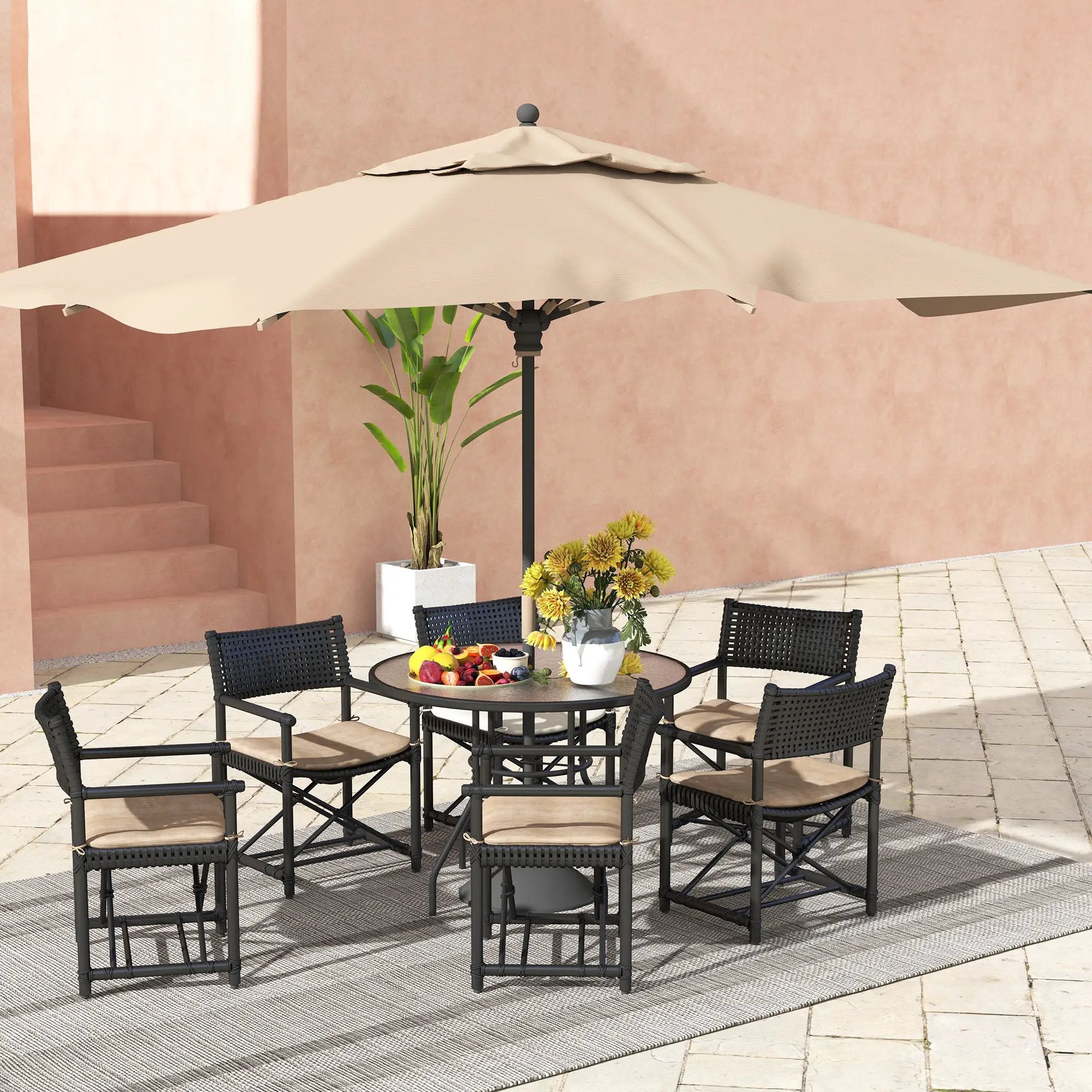 Outsunny Outsunny Outdoor Round Dining Table Tempered Glass Top w/ Parasol Hole 100cm - Garden Table