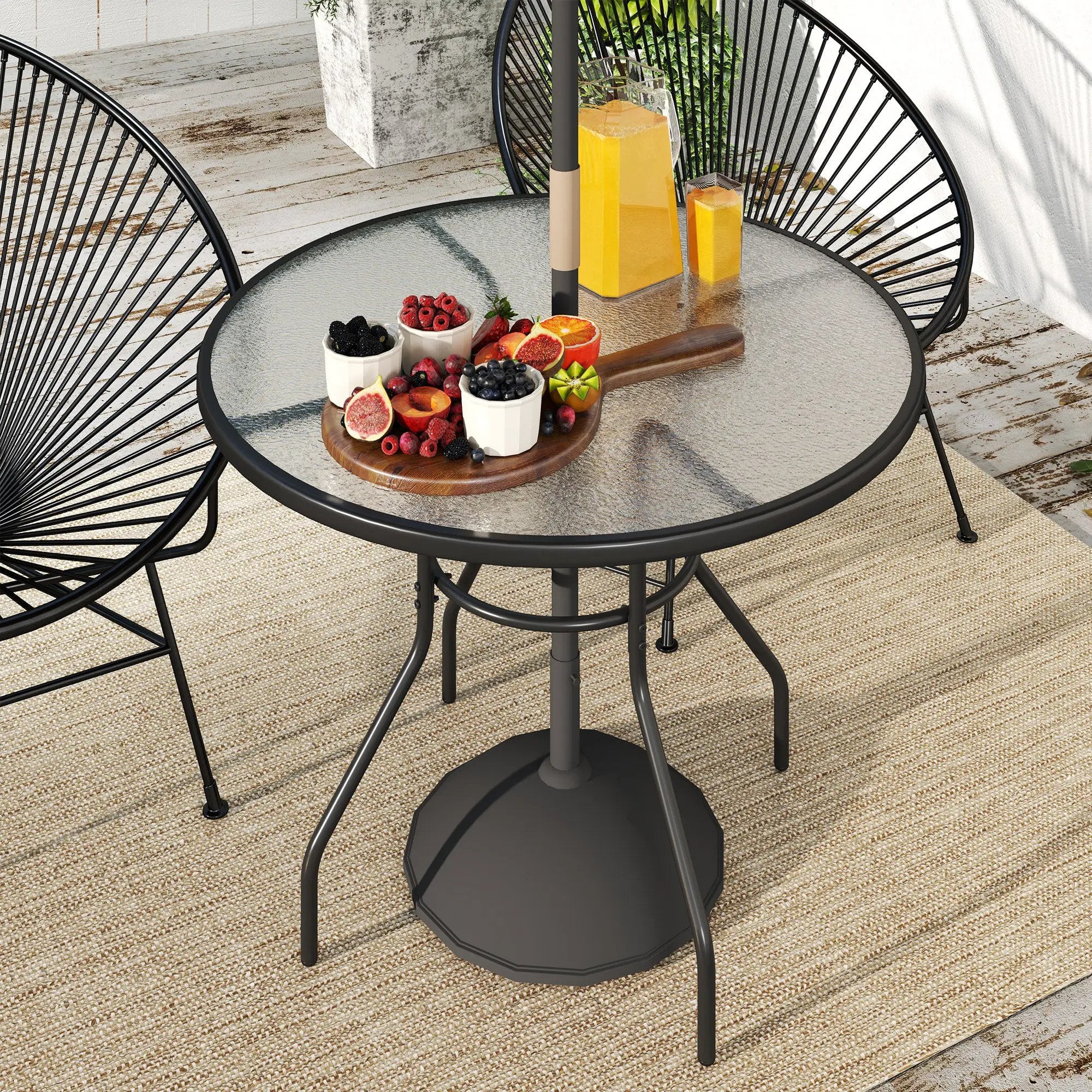 Outsunny Outsunny Outdoor Round Dining Table Tempered Glass Top w/ Parasol Hole 100cm - Garden Table