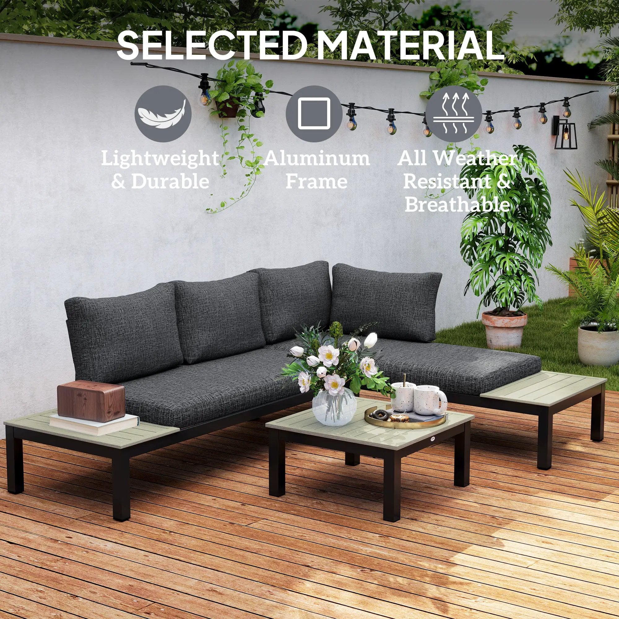 Outsunny Outsunny 3pcs Garden Sectional Sofa Side Table Furniture Set w/ Cushion - Garden Sofa Sets