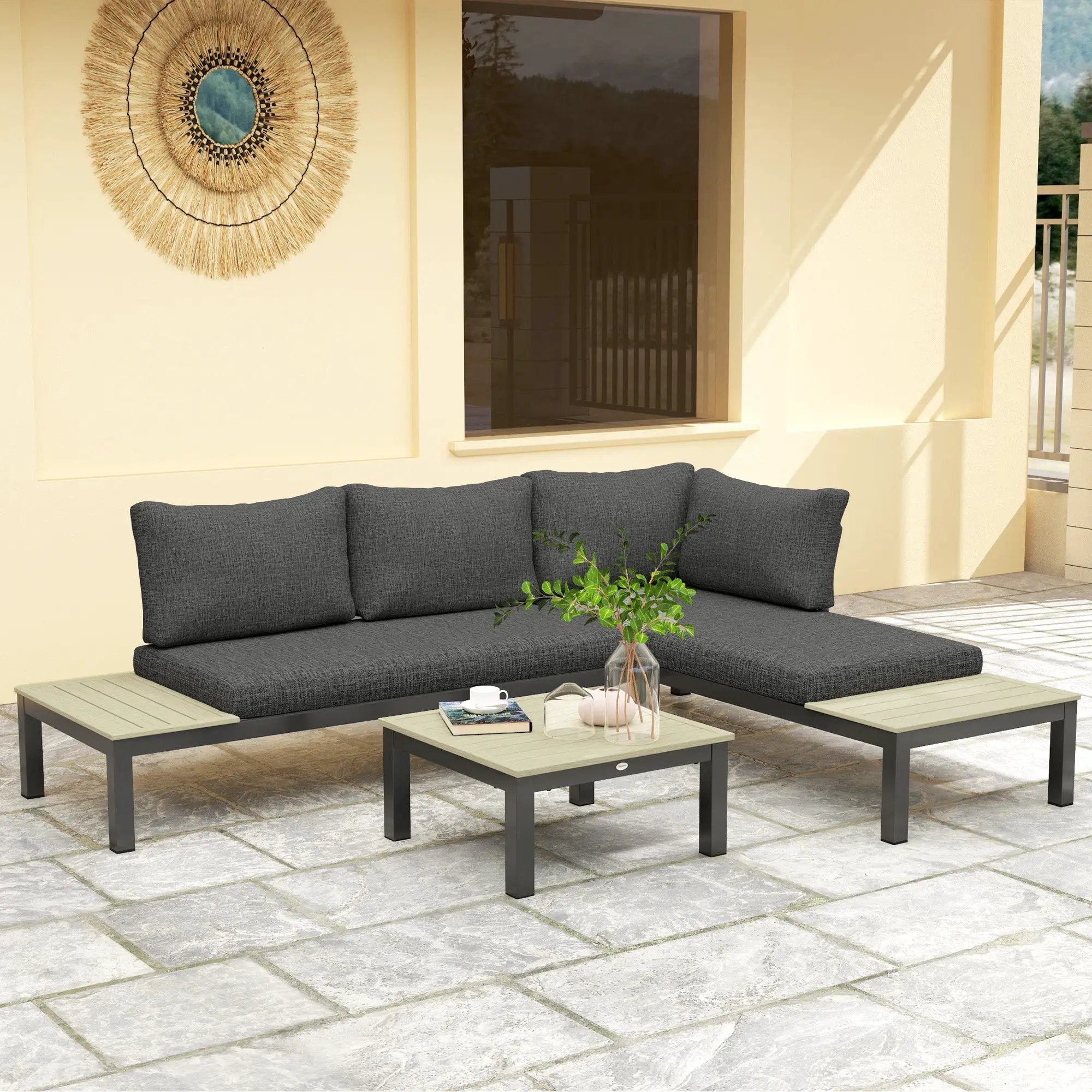 Outsunny Outsunny 3pcs Garden Sectional Sofa Side Table Furniture Set w/ Cushion - Garden Sofa Sets