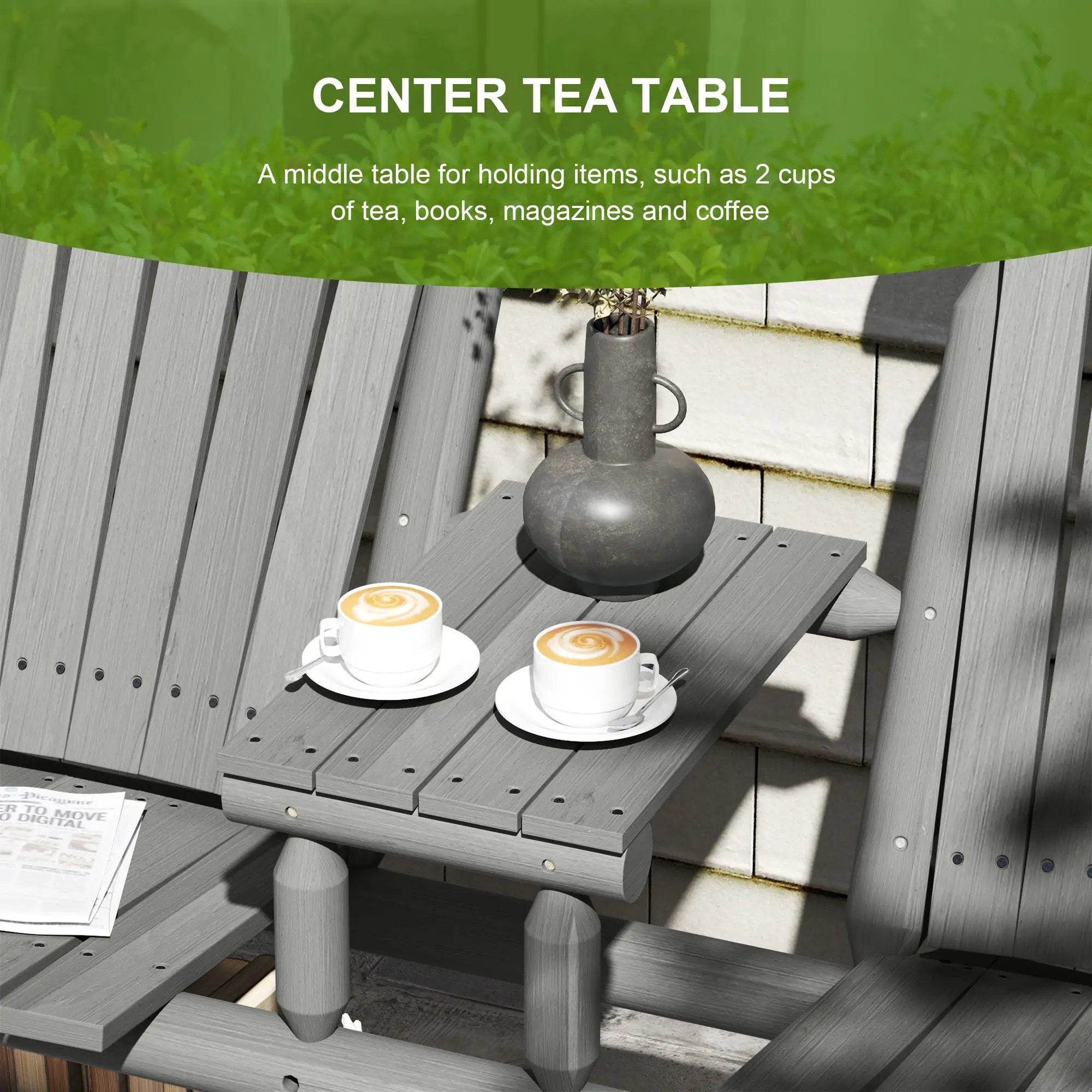 Outsunny Outsunny Wood Patio Bench 2 Seats w/ Centre Coffee Table, Grey - Garden Chairs