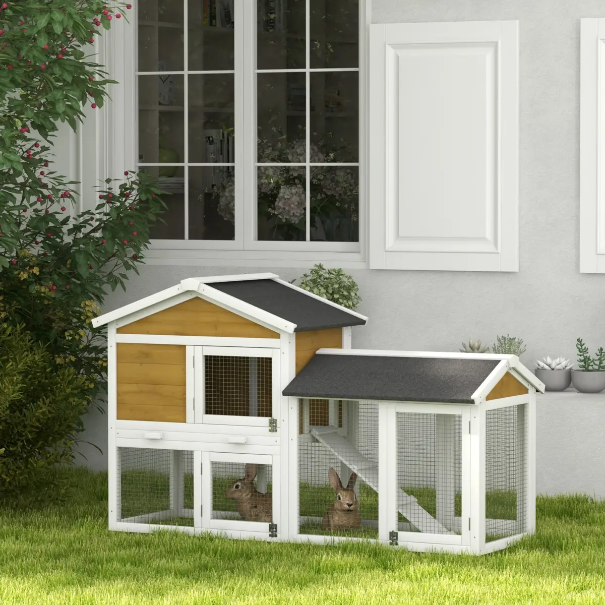 PawHut Pawhut 2-Tier Wooden Rabbit Bunny Guinea Pig Hutch Small Pet House Ramp - Rabbit Hutch
