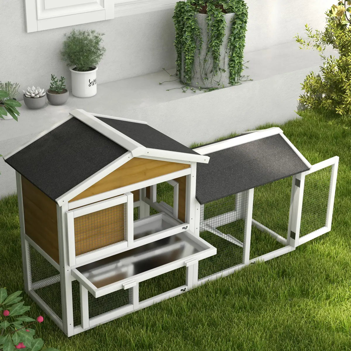 PawHut Pawhut 2-Tier Wooden Rabbit Bunny Guinea Pig Hutch Small Pet House Ramp - Rabbit Hutch