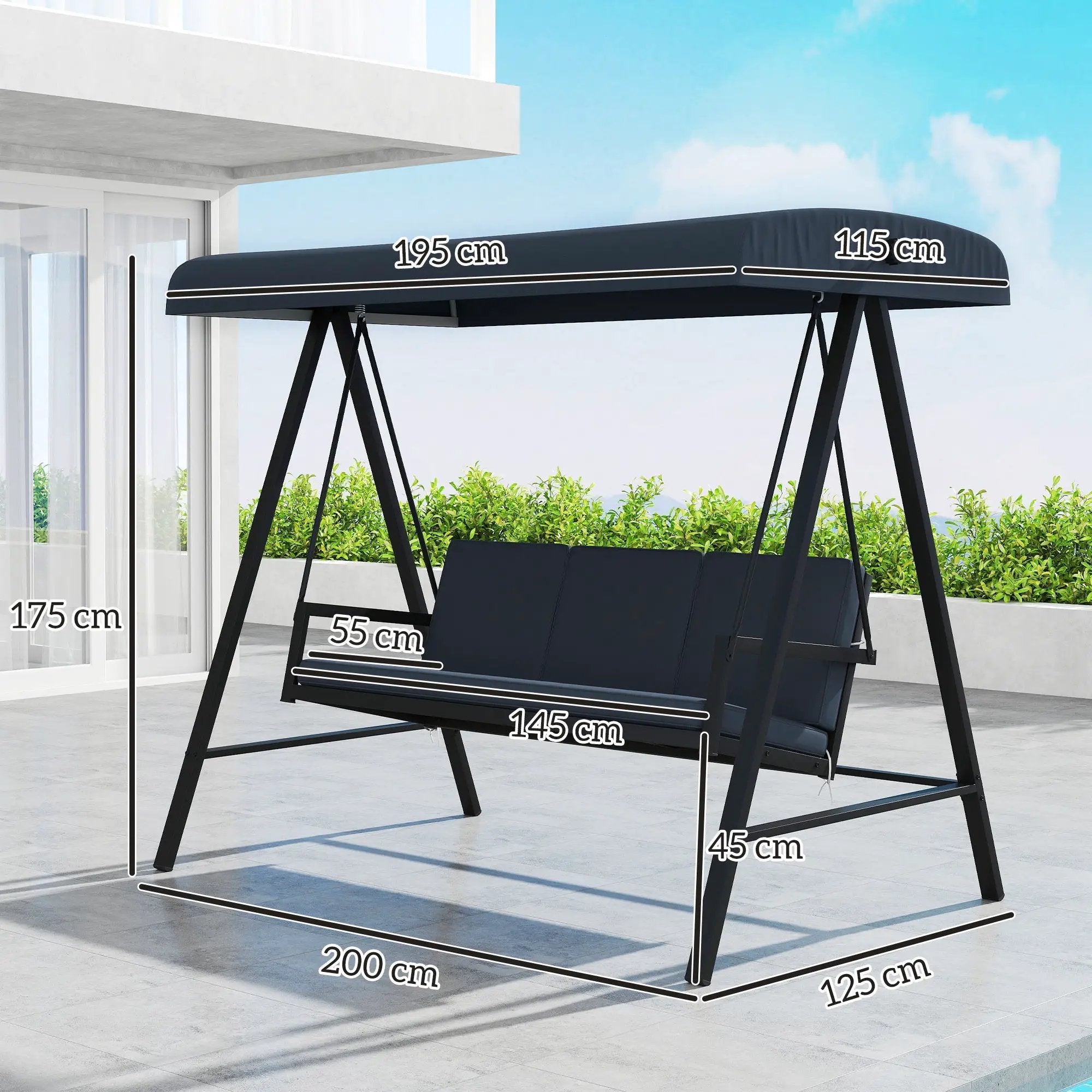 Outsunny Outsunny 3 Seater Garden Swing Chair with Adjustable Canopy, Dark Grey - Hammocks