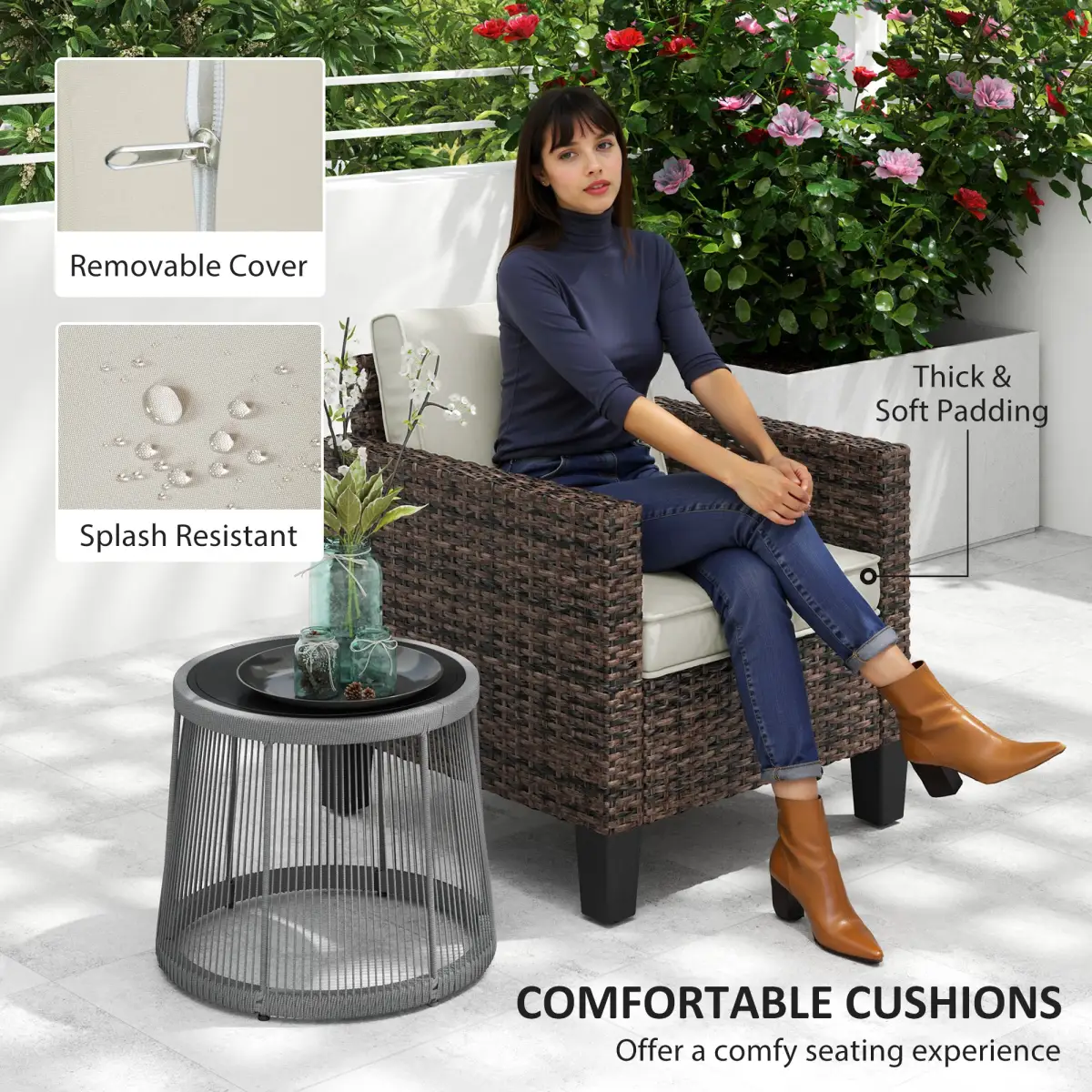 Outsunny Outsunny Single Rattan Chair, Garden Armchair with Cushions - Garden Chairs