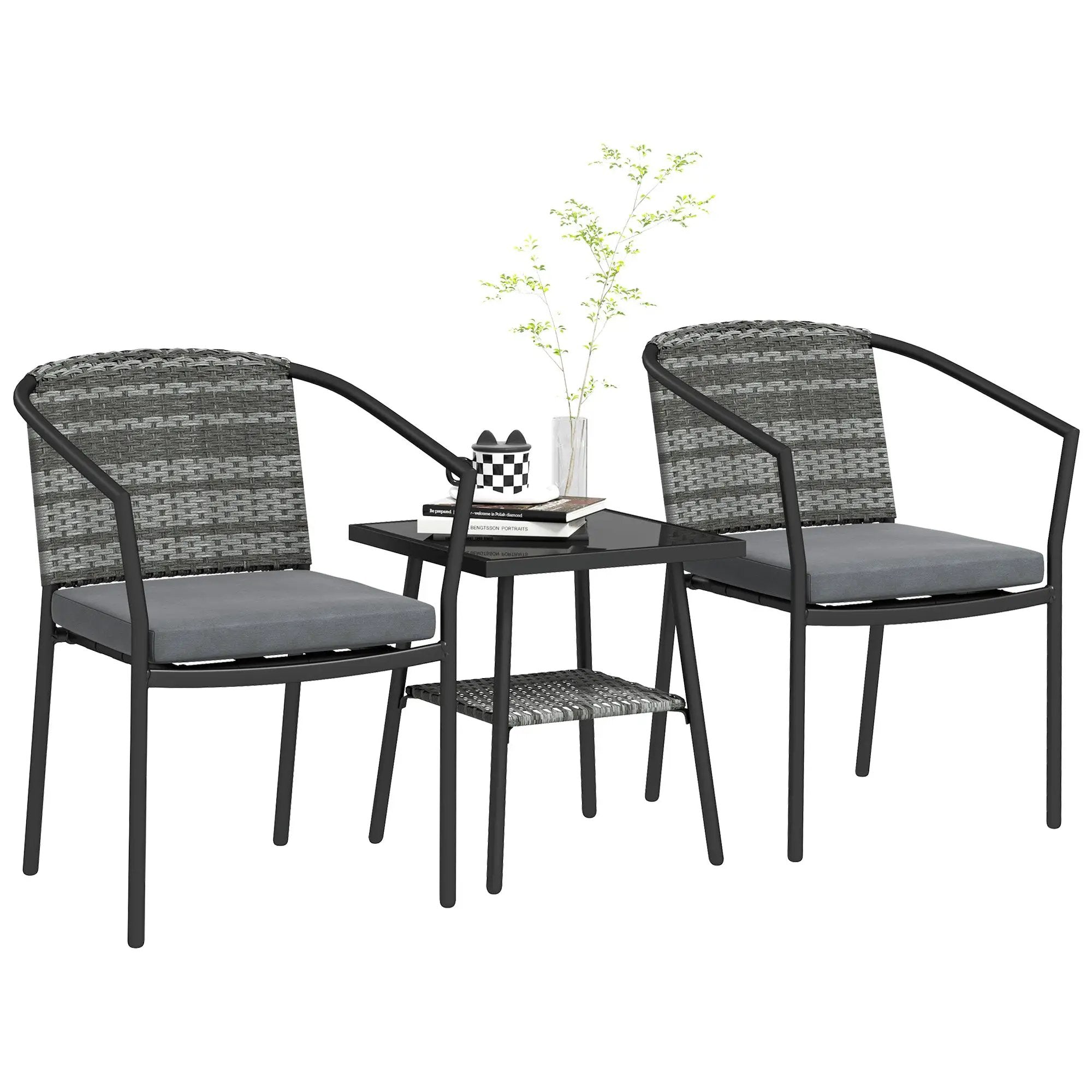 Outsunny Outsunny 3 PCS Rattan Bistro Set with Cushions Glass Top Coffee Table and Chairs - Garden Set