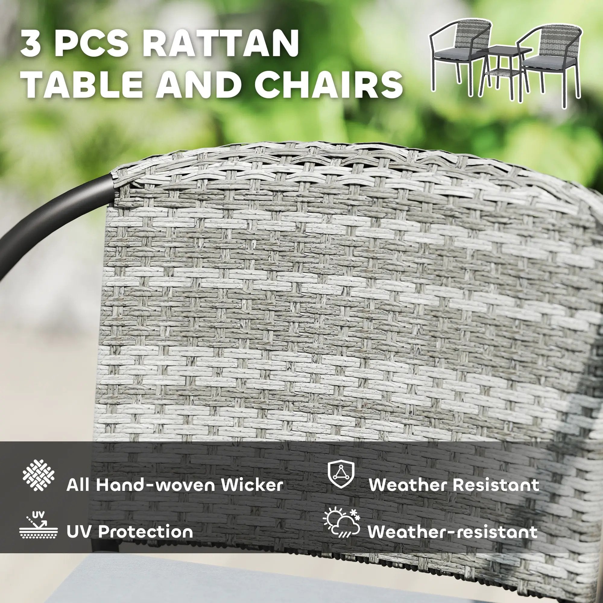 Outsunny Outsunny 3 PCS Rattan Bistro Set with Cushions Glass Top Coffee Table and Chairs - Garden Set
