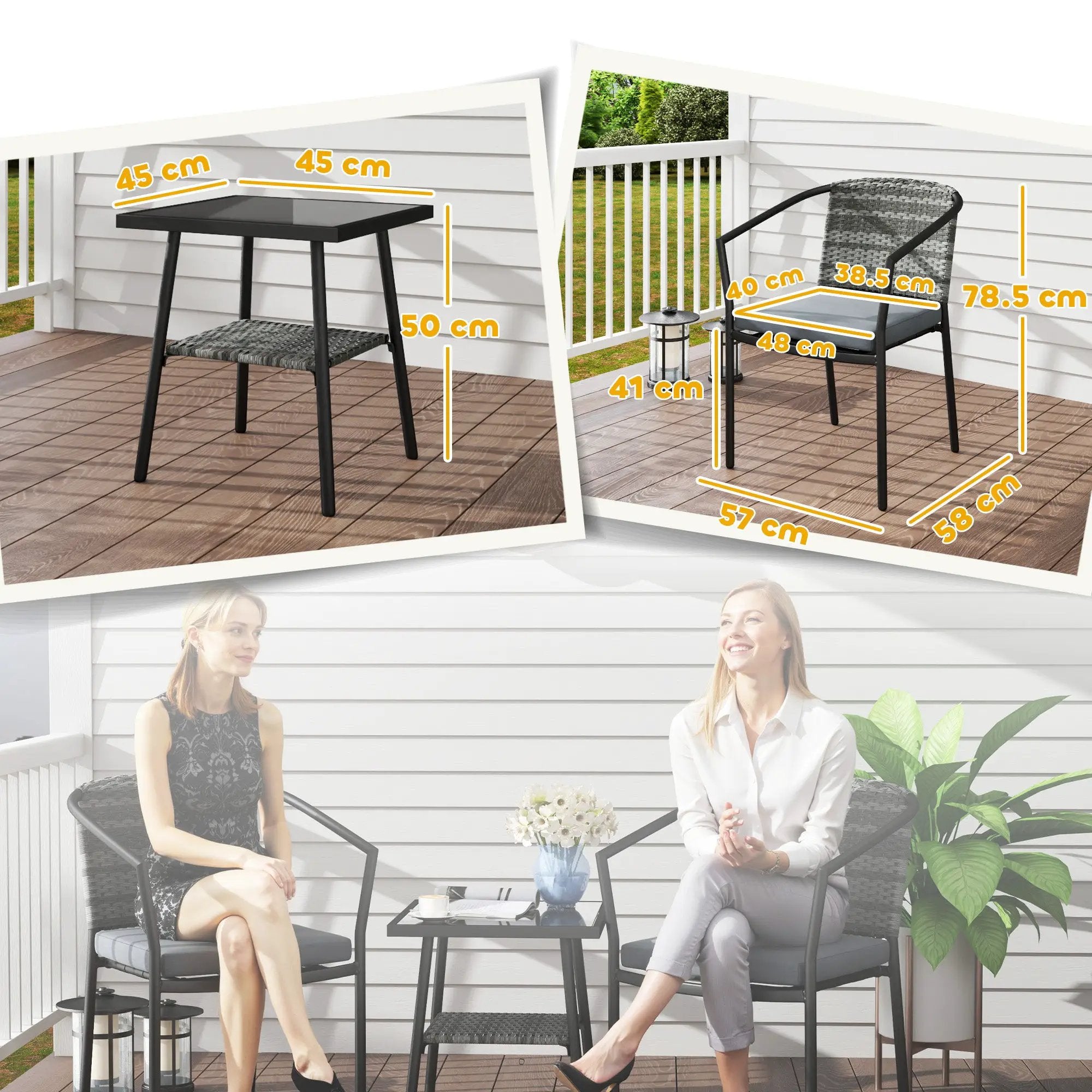 Outsunny Outsunny 3 PCS Rattan Bistro Set with Cushions Glass Top Coffee Table and Chairs - Garden Set