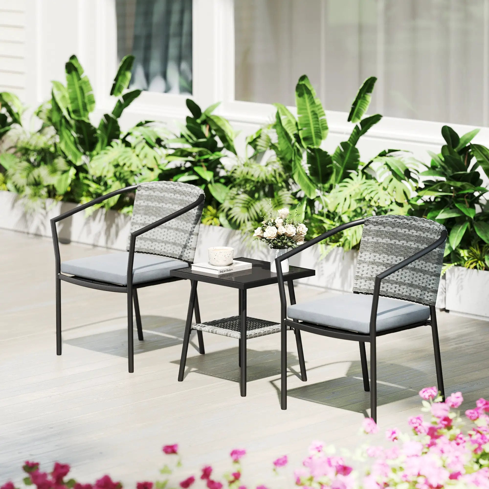 Outsunny Outsunny 3 PCS Rattan Bistro Set with Cushions Glass Top Coffee Table and Chairs - Garden Set
