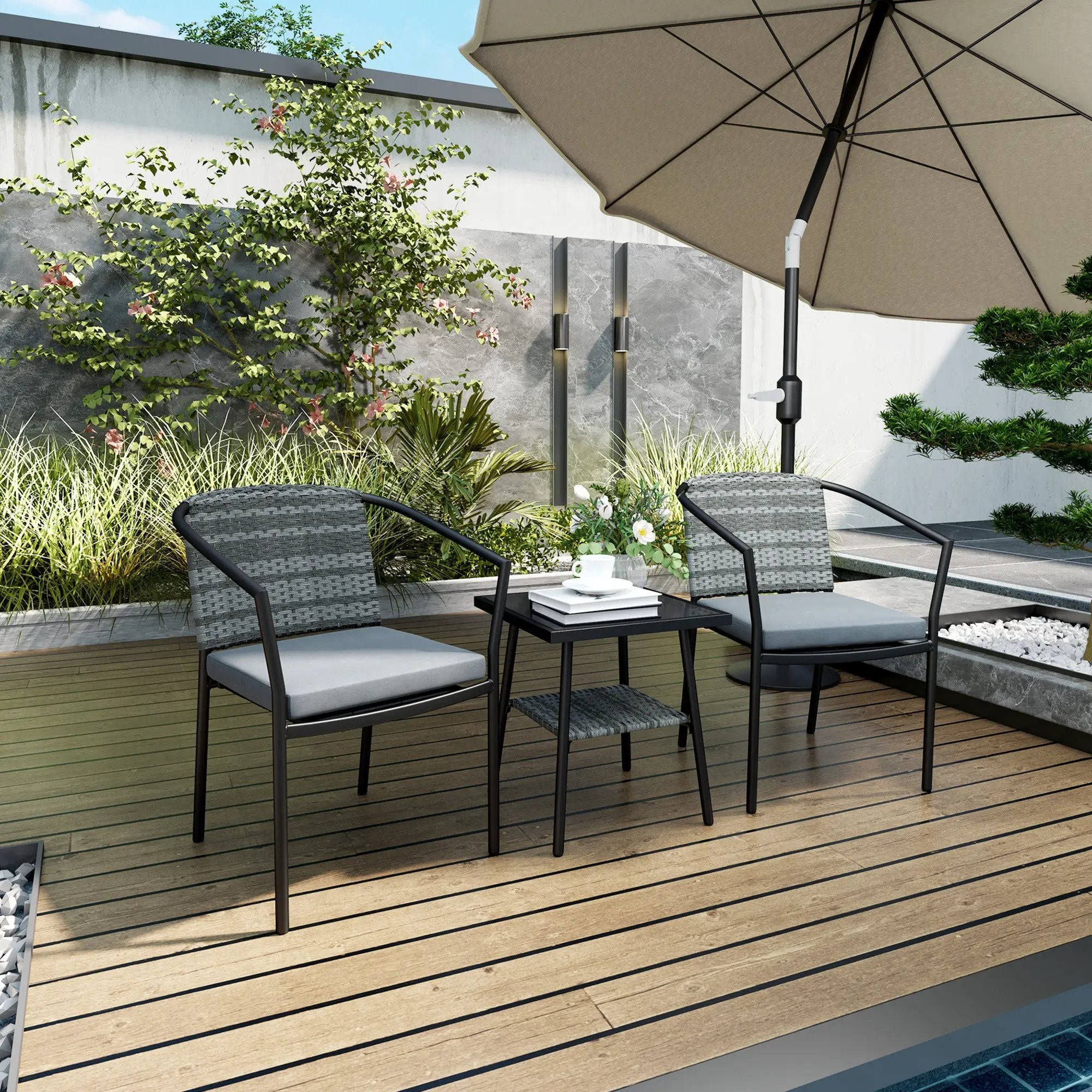 Outsunny Outsunny 3 PCS Rattan Bistro Set with Cushions Glass Top Coffee Table and Chairs - Garden Set