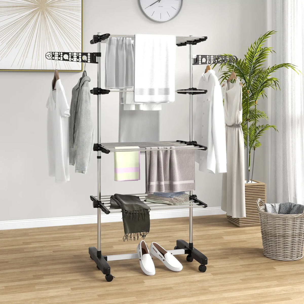 HOMCOM 4-Tier Large Clothes Airer Stainless Steel Clothes Drying Rack Black - from HOMCOM
