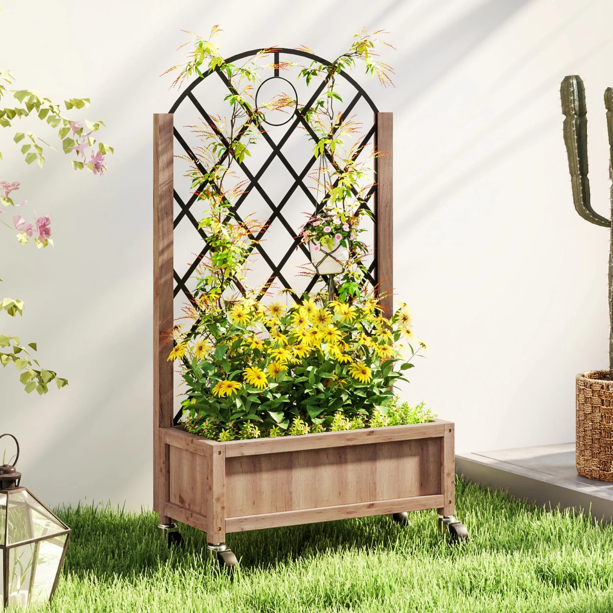 Outsunny Outsunny Wooden Raised Bed Planter 20x47cm Trellis Wheels - Planters
