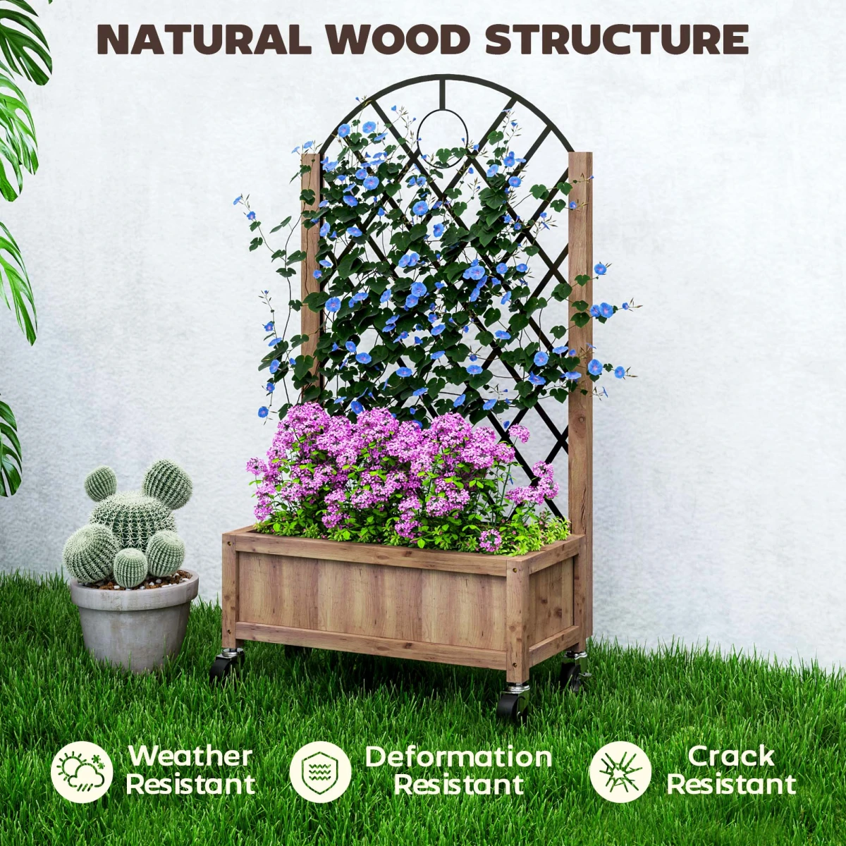 Outsunny Wooden Raised Bed Planter 20x47cm Trellis Wheels by Outsunny