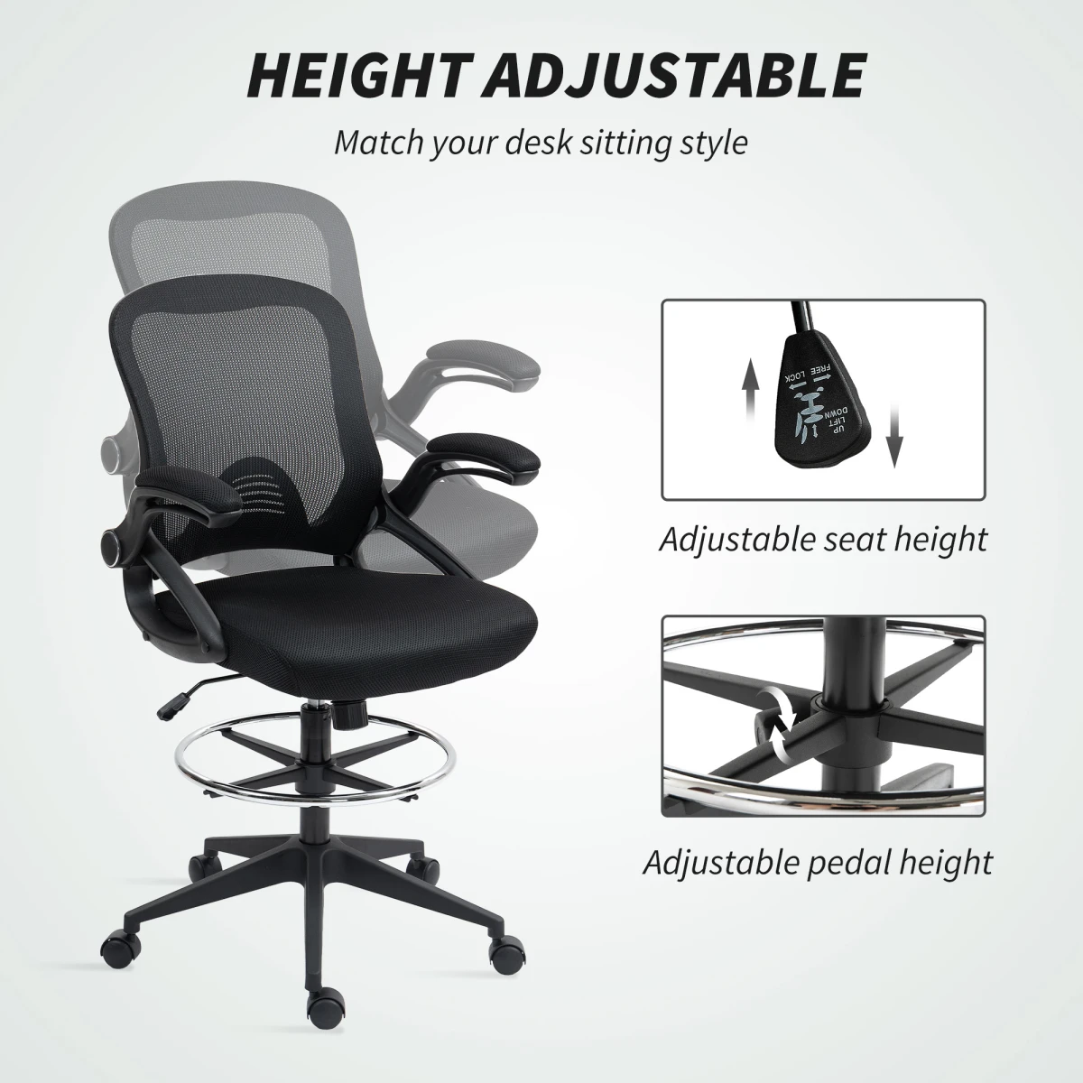 Vinsetto Vinsetto Mesh Office Stool Height Adjustable 360 Degree Swivel Footrest For Desk Work - Office Chair