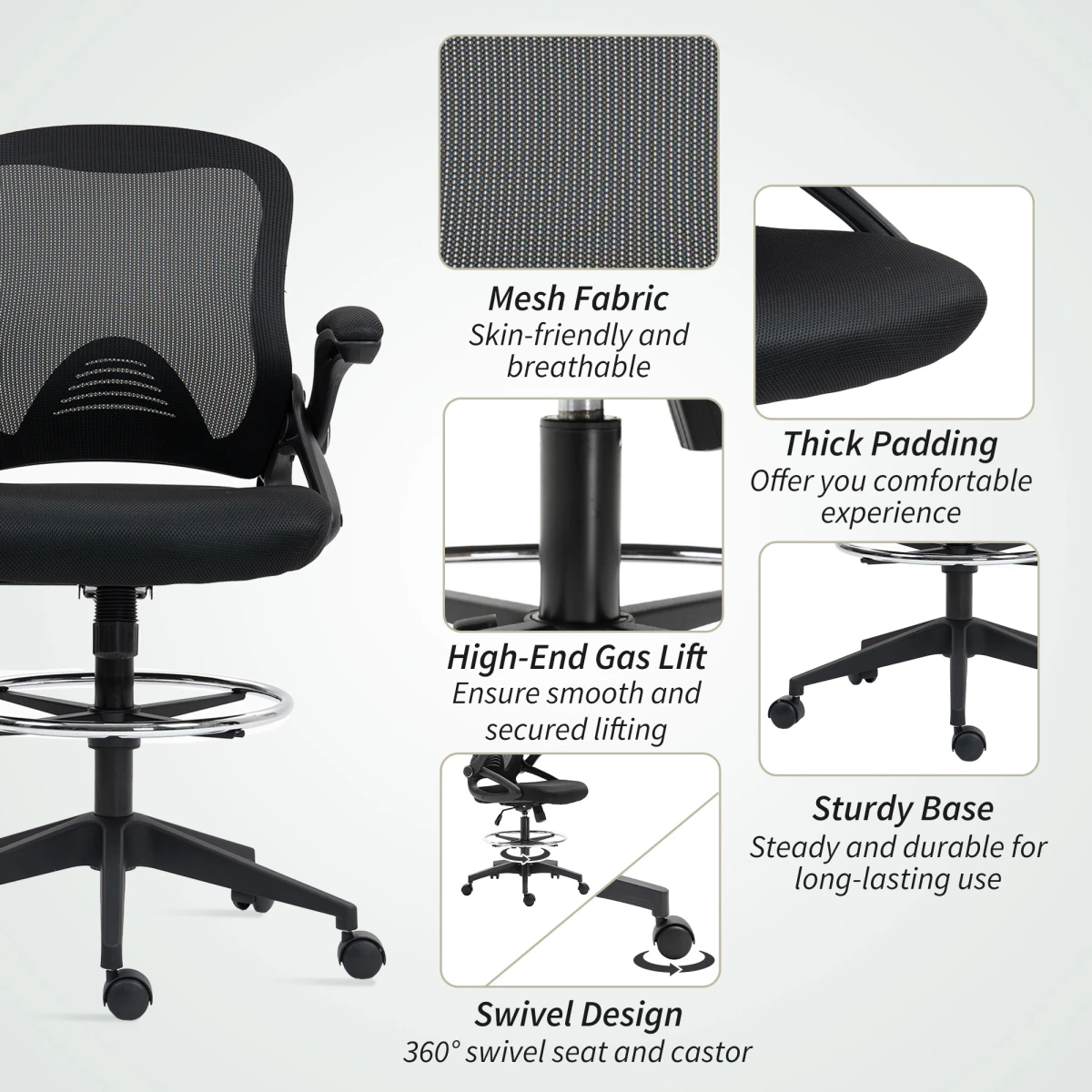 Vinsetto Vinsetto Mesh Office Stool Height Adjustable 360 Degree Swivel Footrest For Desk Work - Office Chair