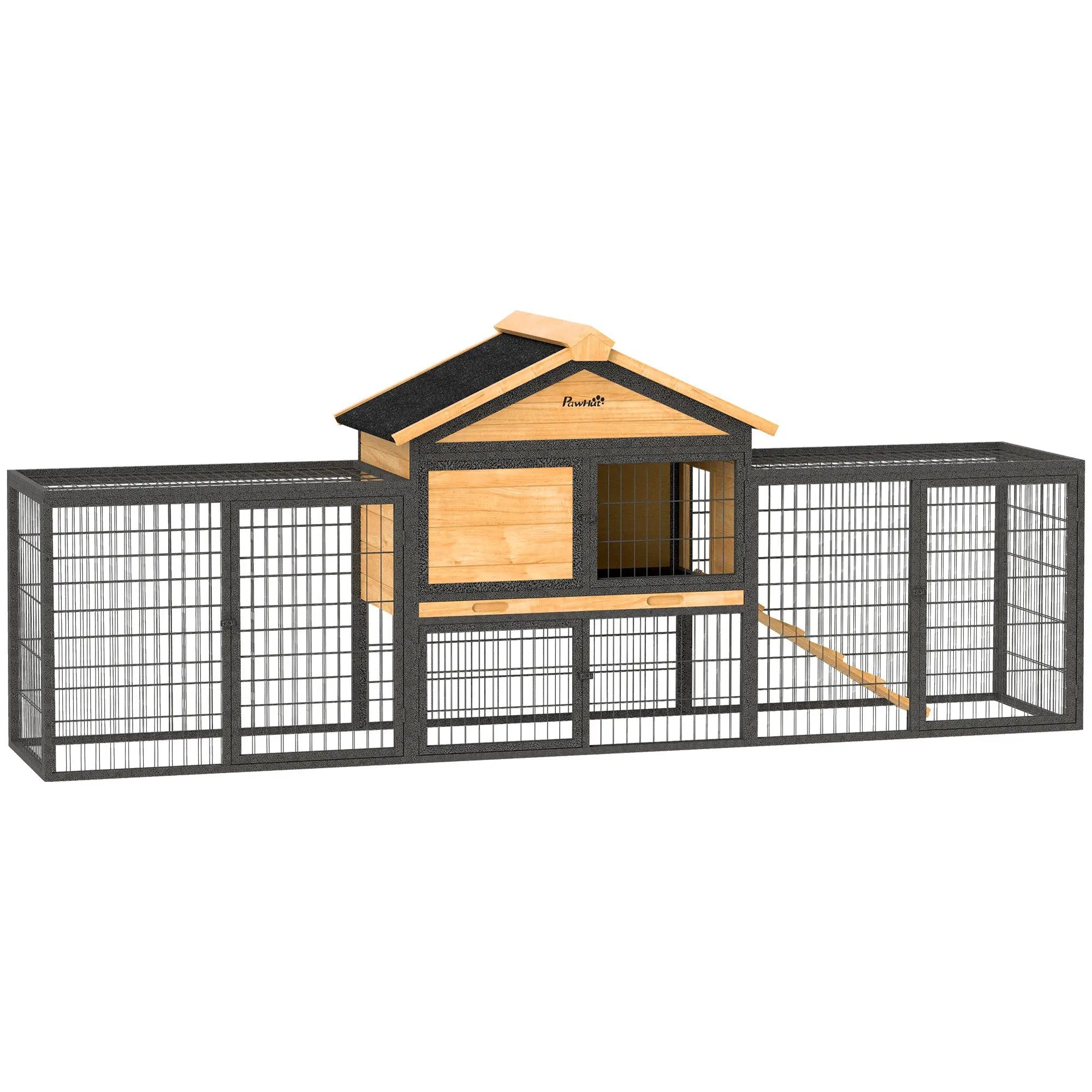 PawHut PawHut Rabbit Hutch Outdoor with Steel Run Removable Plastic Tray Natural - Rabbit Hutch