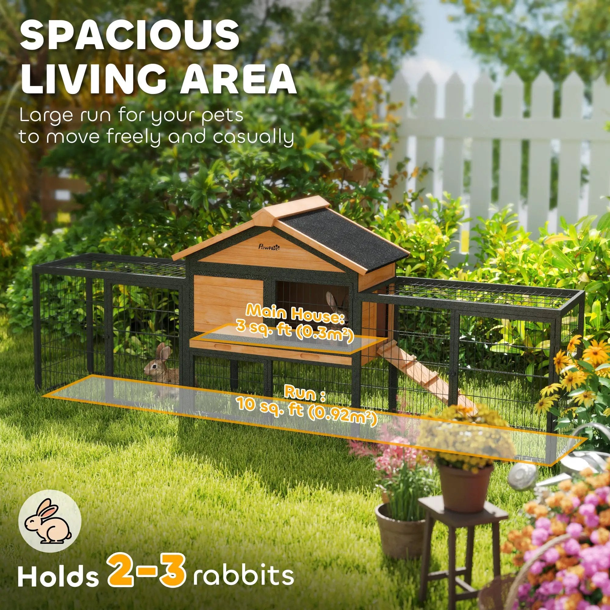 PawHut PawHut Rabbit Hutch Outdoor with Steel Run Removable Plastic Tray Natural - Rabbit Hutch