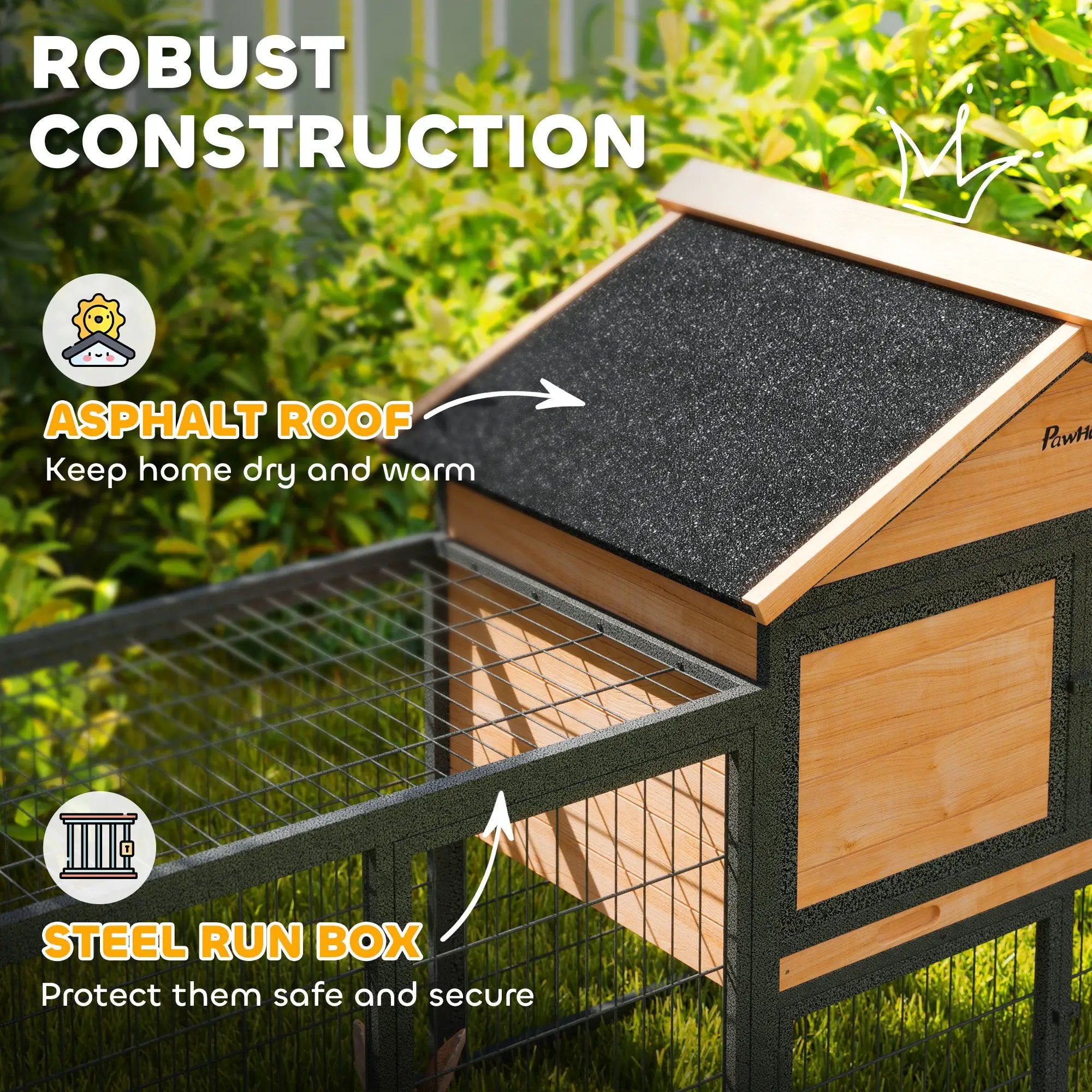 PawHut PawHut Rabbit Hutch Outdoor with Steel Run Removable Plastic Tray Natural - Rabbit Hutch